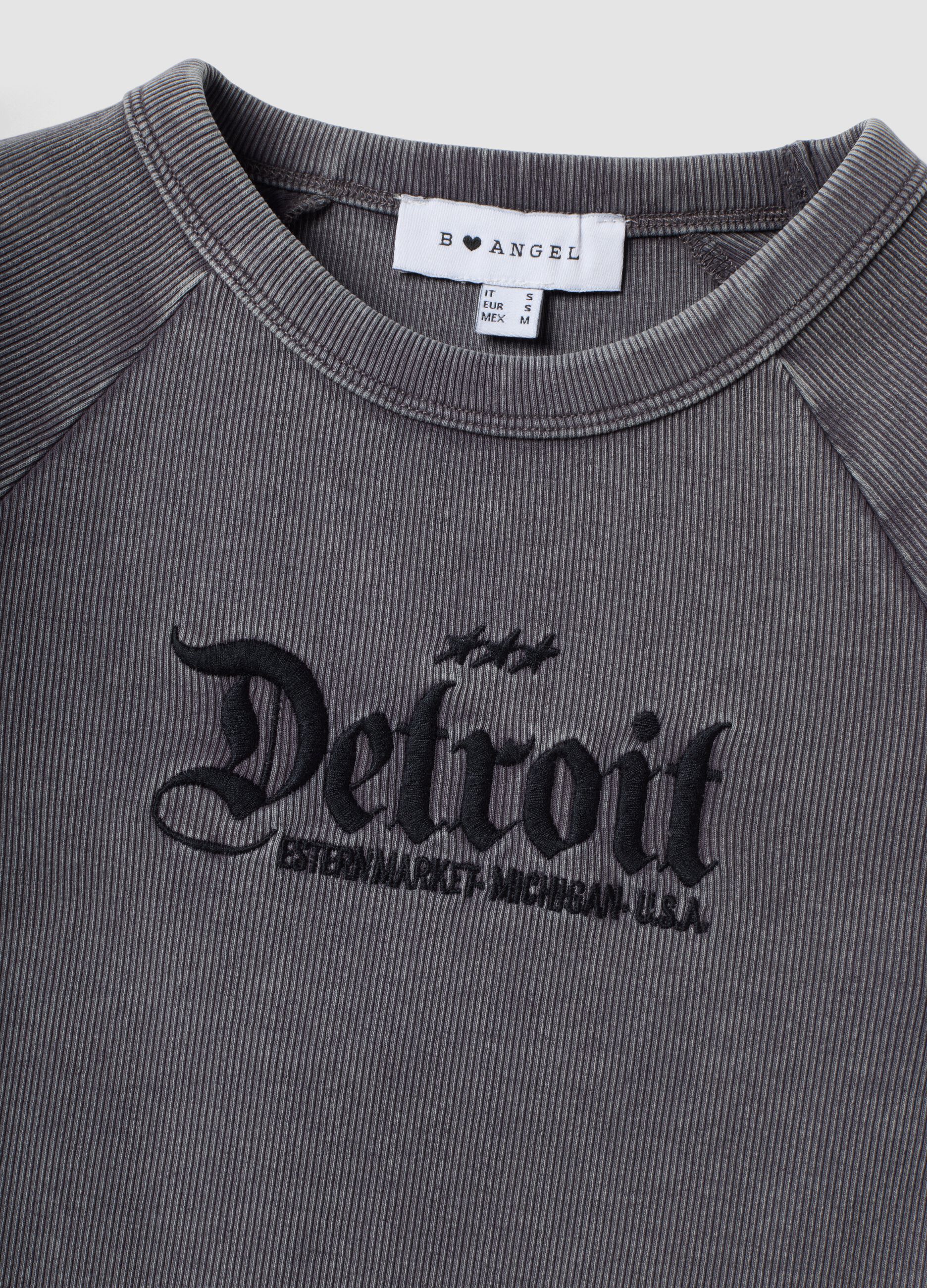 Grey fitted ribbed stretch cotton T-shirt with Detroit lettering