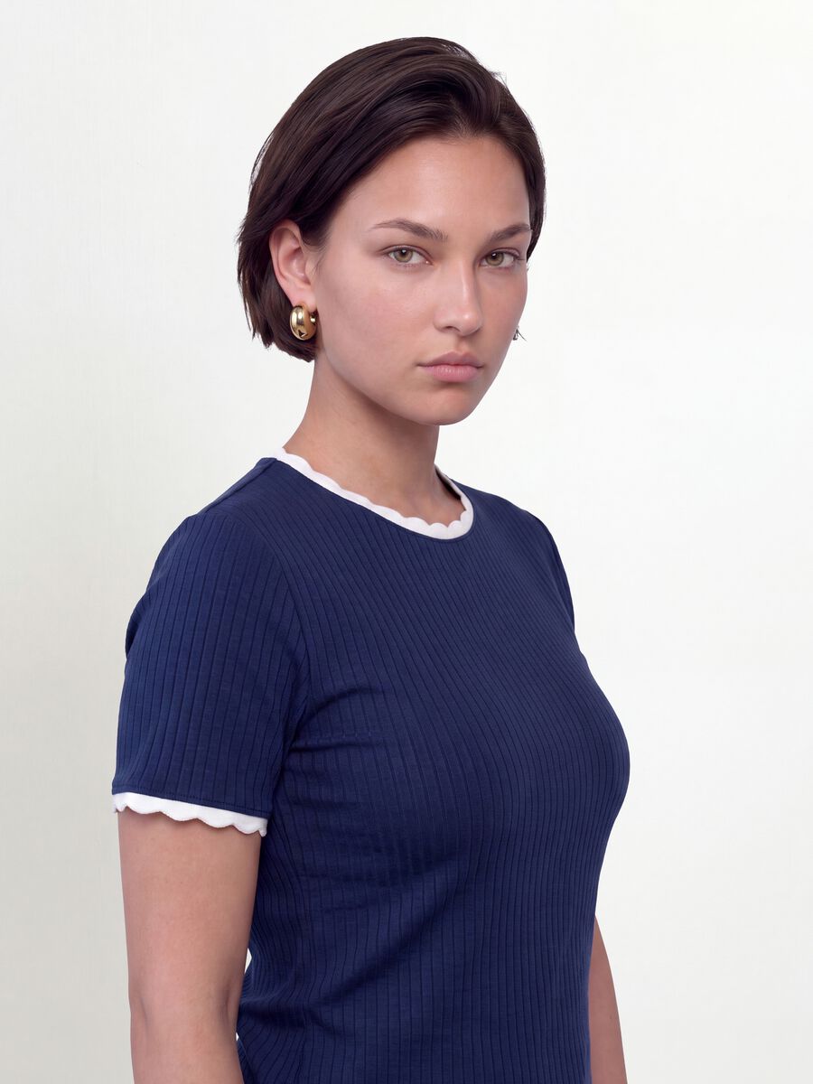 Blue stretch viscose crew-neck T-shirt with contrast trim_1