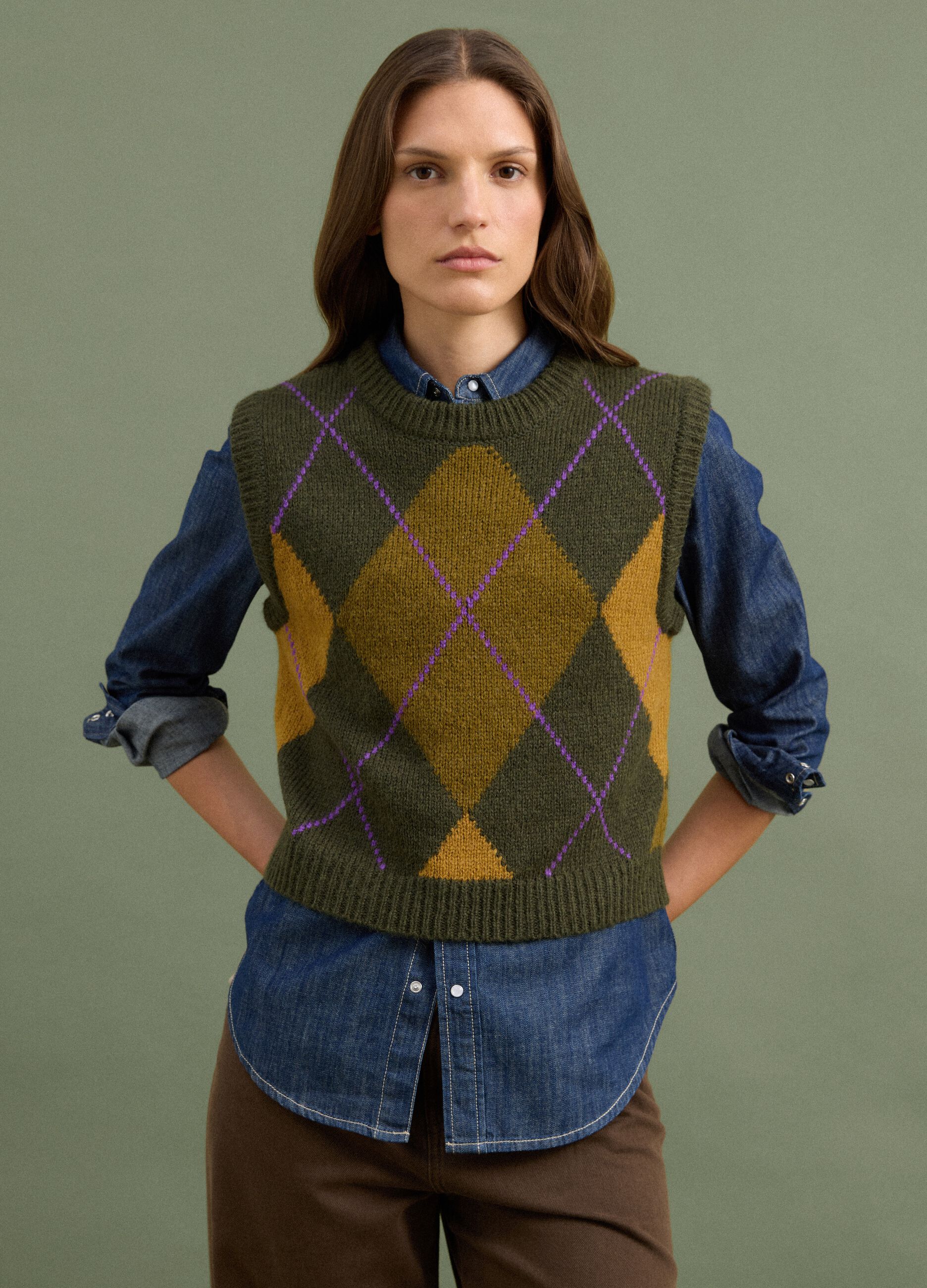 Green jacquard wool-blend crew-neck gilet, regular fit
