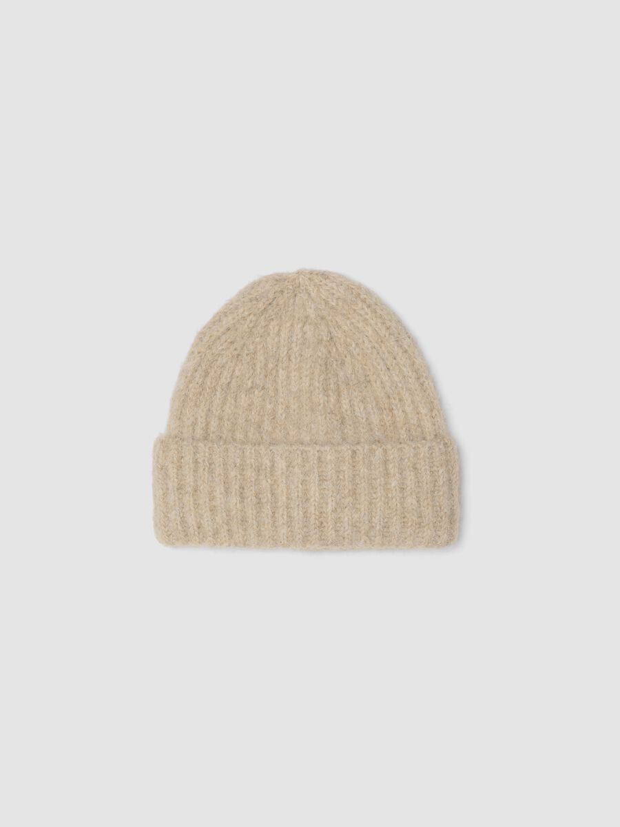 Beige ribbed stretch wool beanie_0