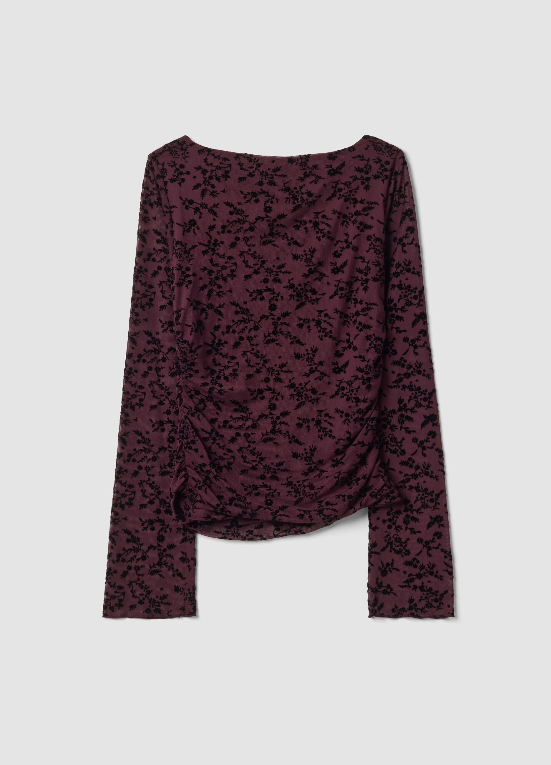 Purple stretch T-shirt with flocked floral motif