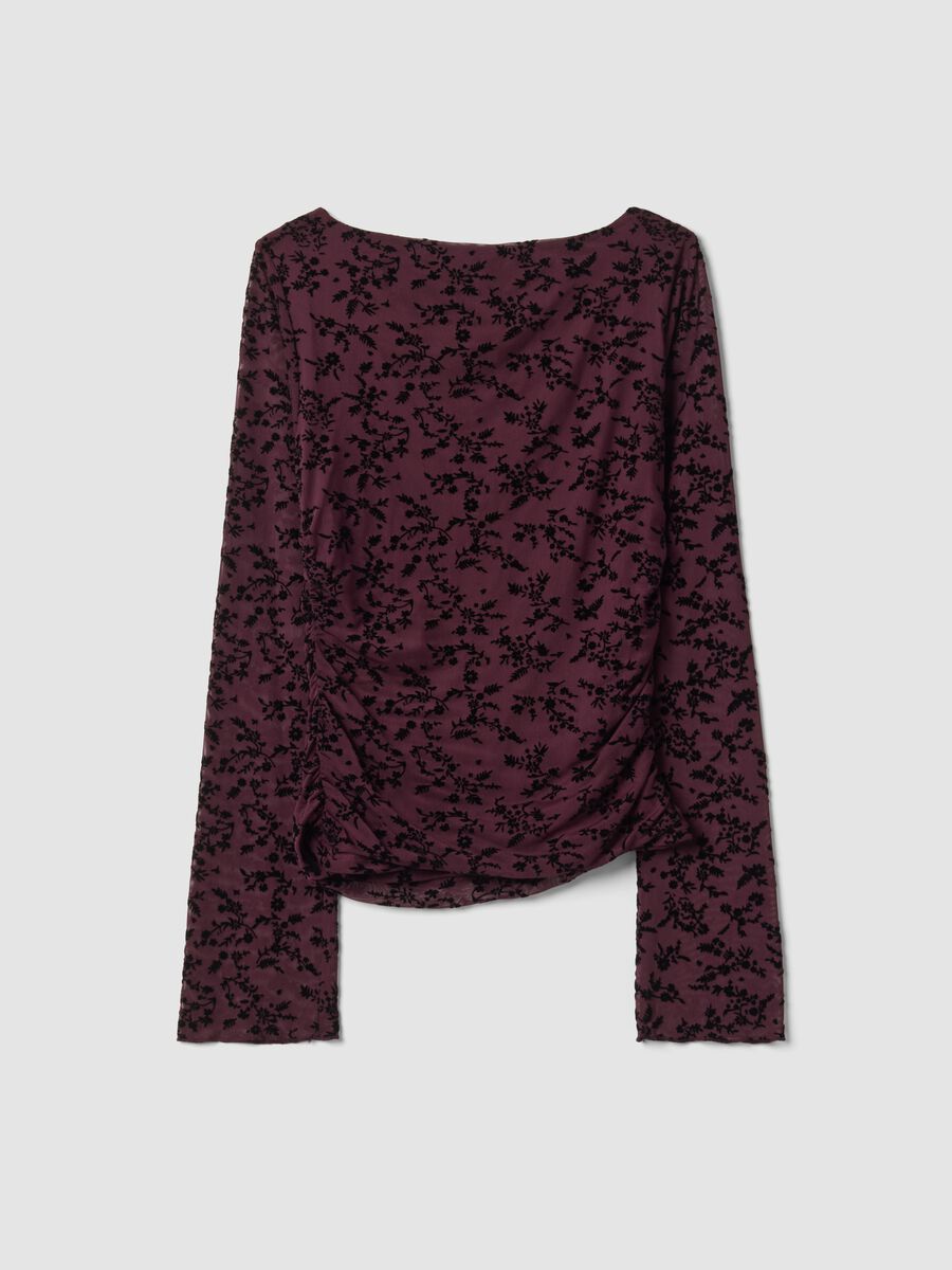 Purple stretch T-shirt with flocked floral motif_2