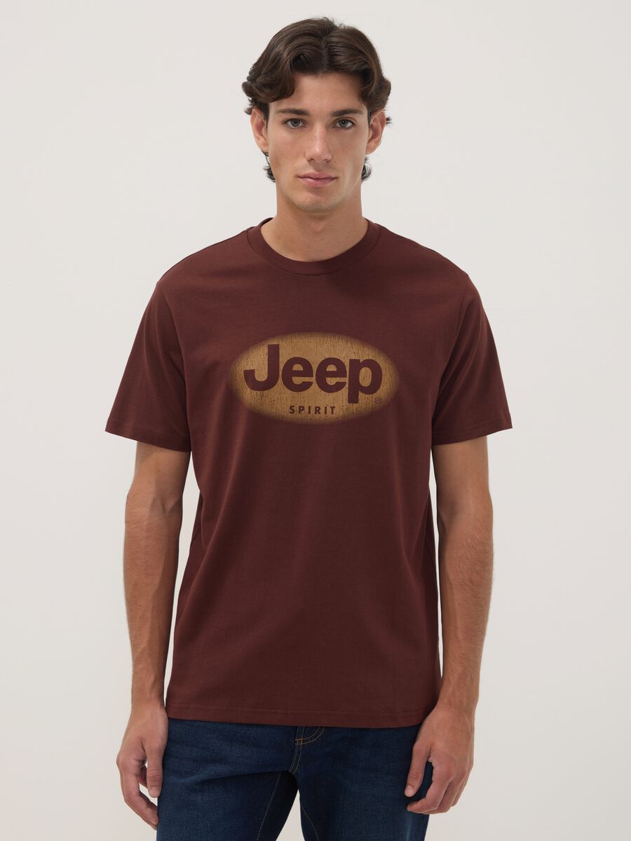 Brown pure cotton crew-neck T-shirt with Jeep print_0