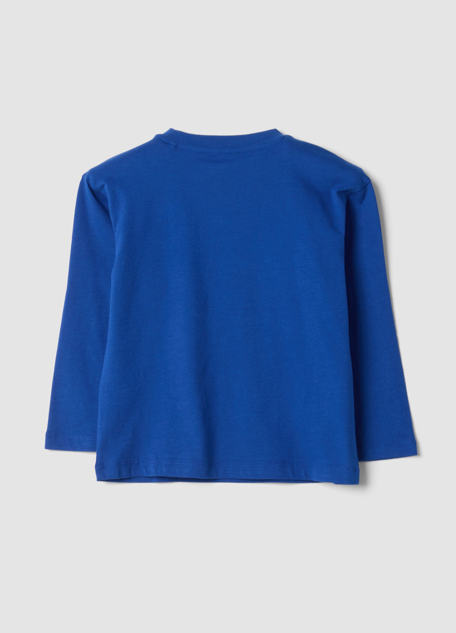 T-shirt blu girocollo in puro cotone organico con stampa dinosauro