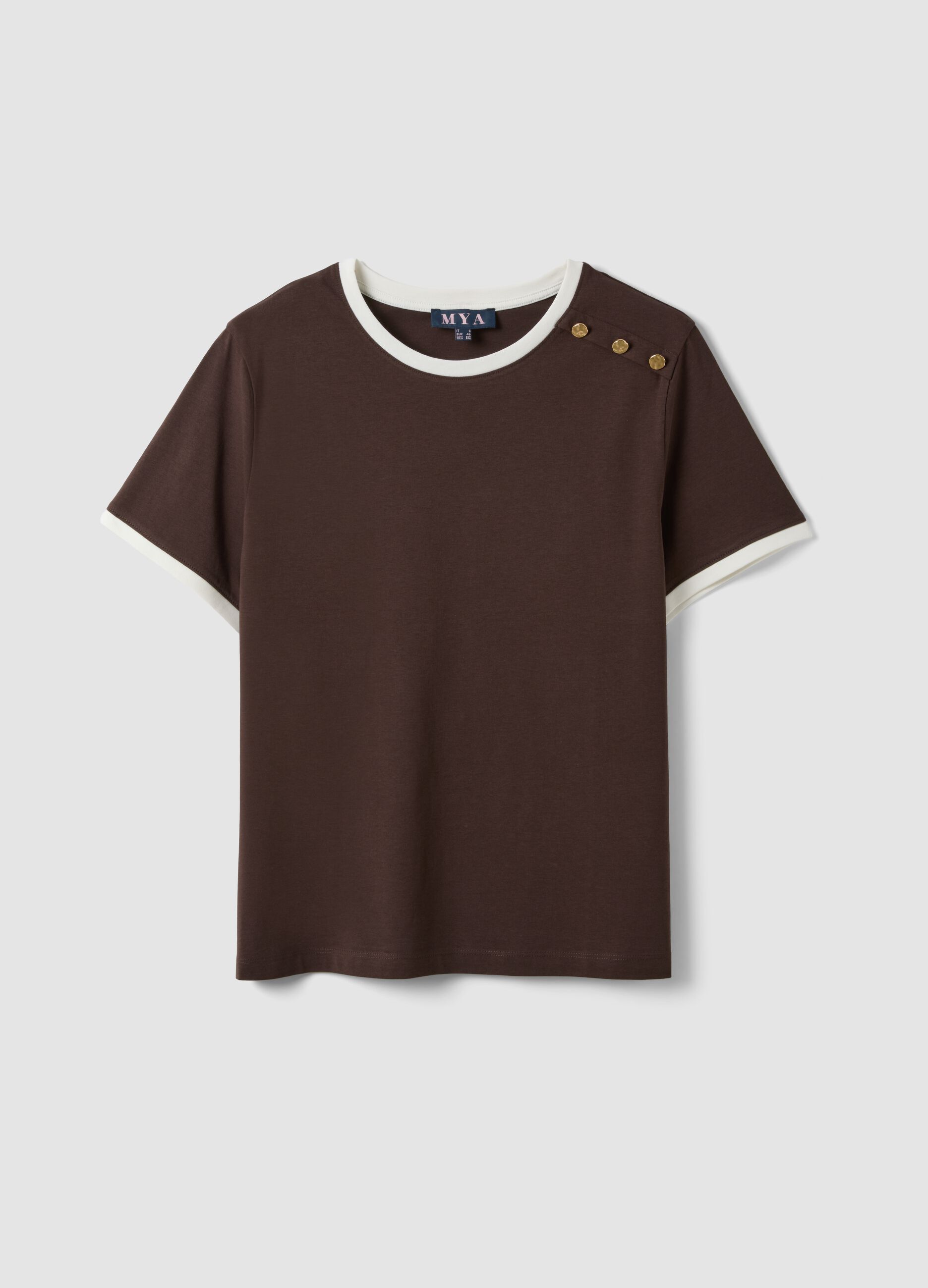 Brown pure cotton T-shirt with buttons, regular fit