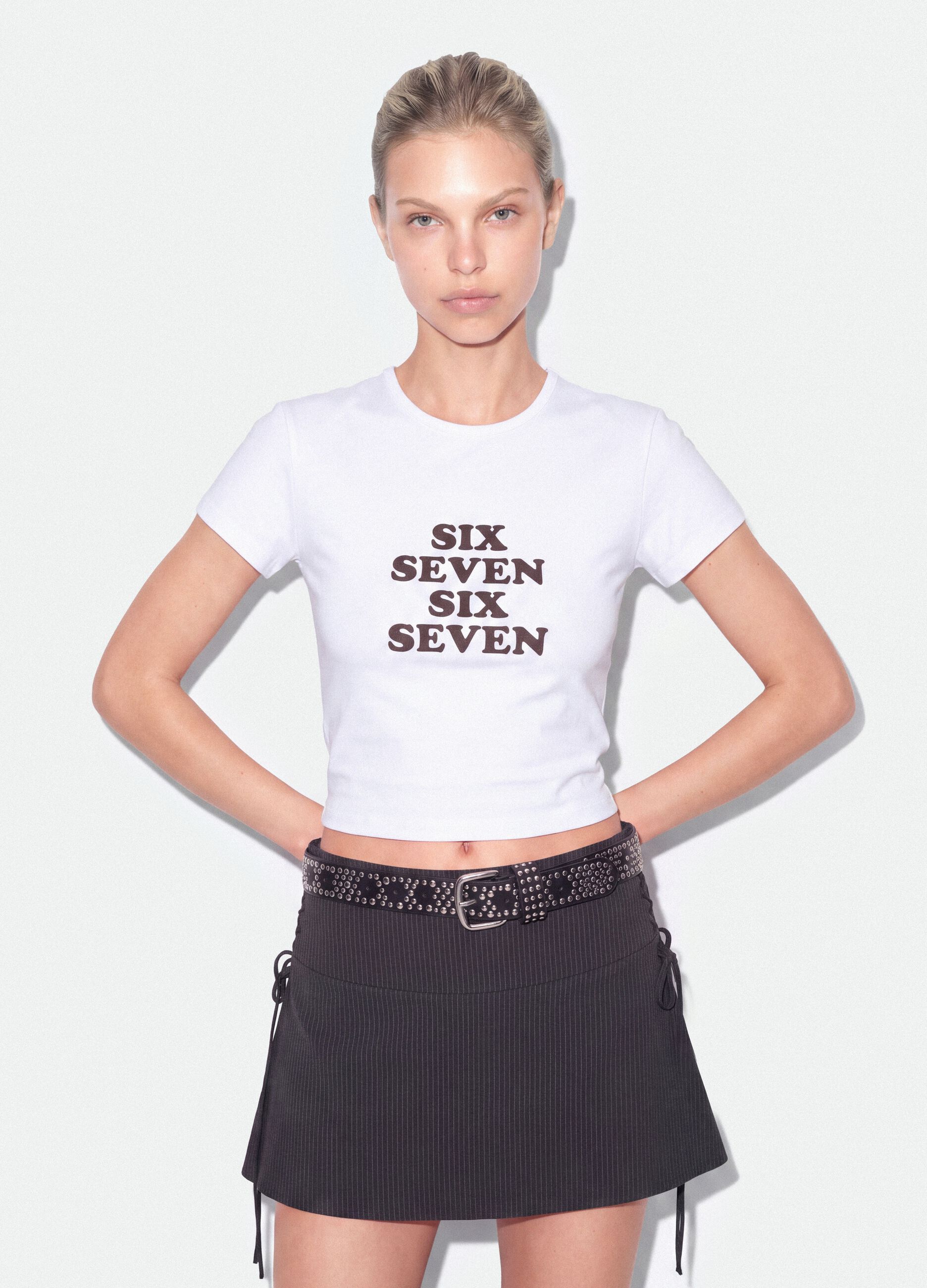White fitted pure cotton T-shirt with Six Seven front print