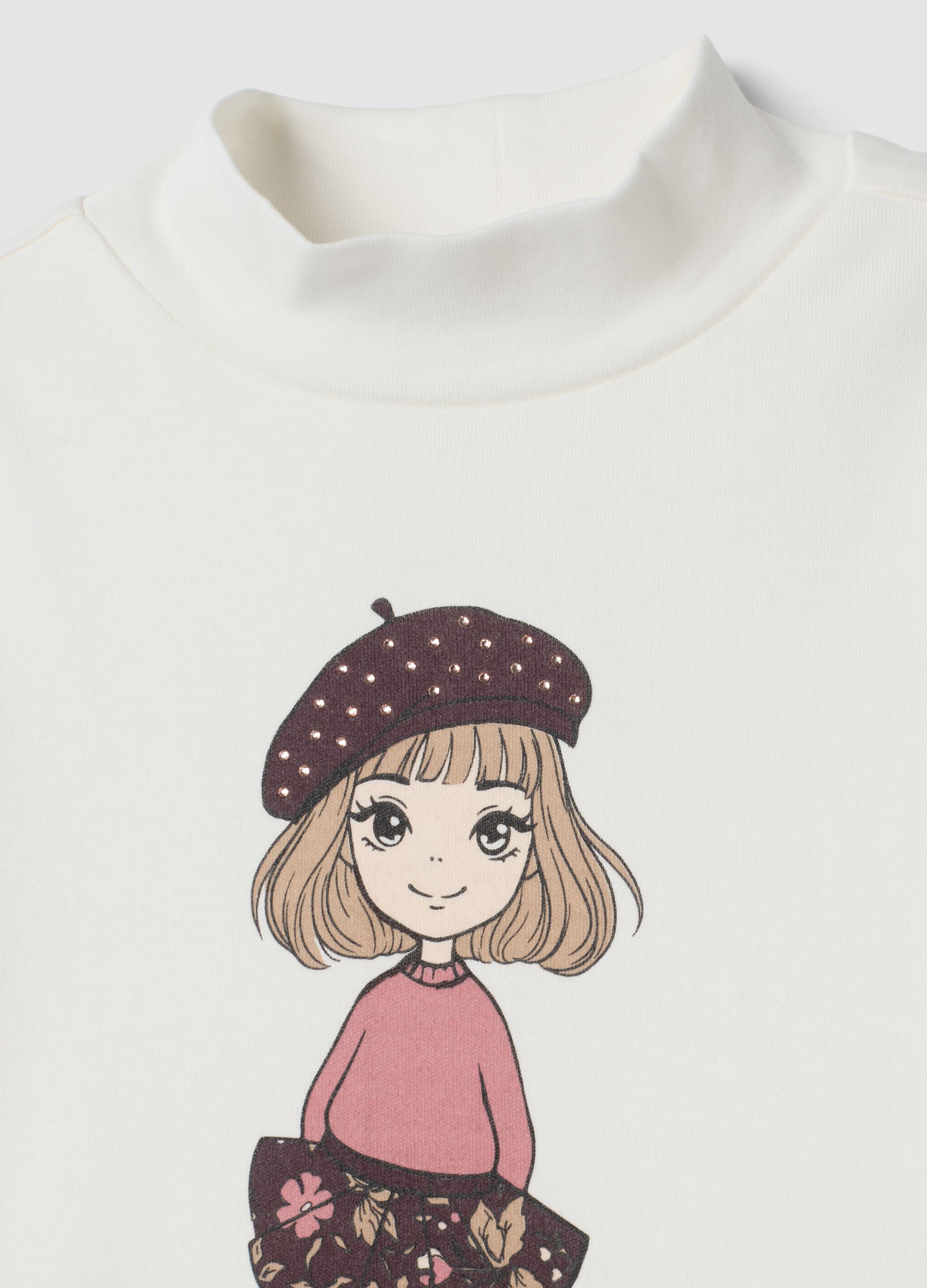 T-shirt bianca con collo rialzato in puro cotone organico con stampa