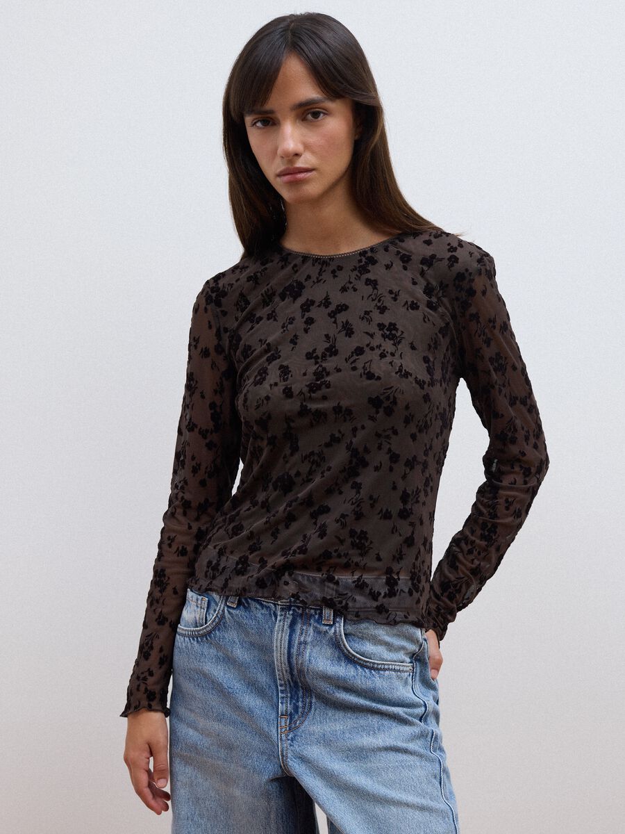 Black stretch floral-pattern T-shirt_0