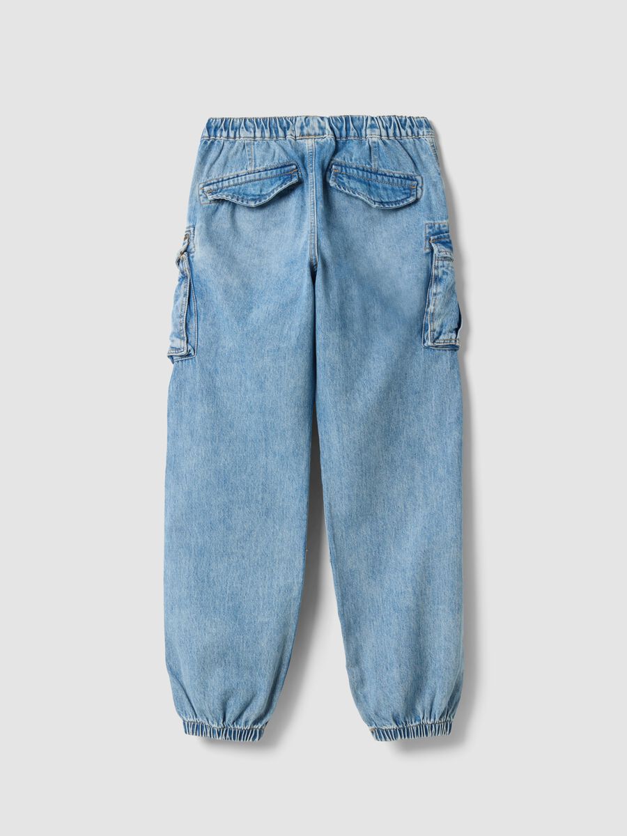 Light blue pure cotton cargo jeans with elasticated waist, relaxed fit_5