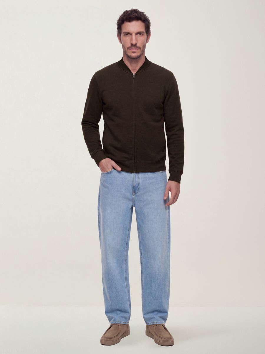 Brown full-zip sweatshirt in stretch piqu&eacute; with ribbed collar_1