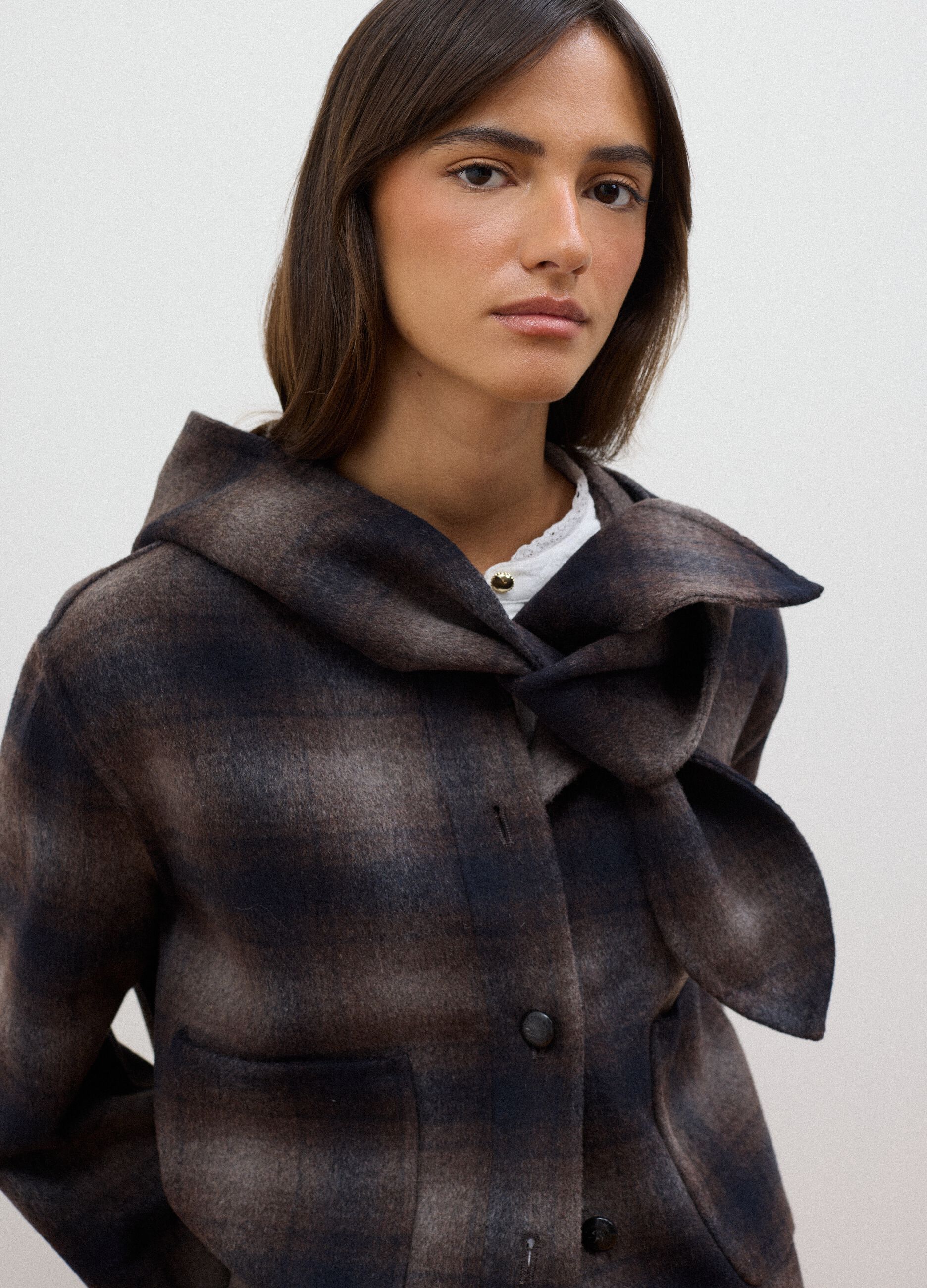 Brown wool and viscose blend hooded coat, regular fit