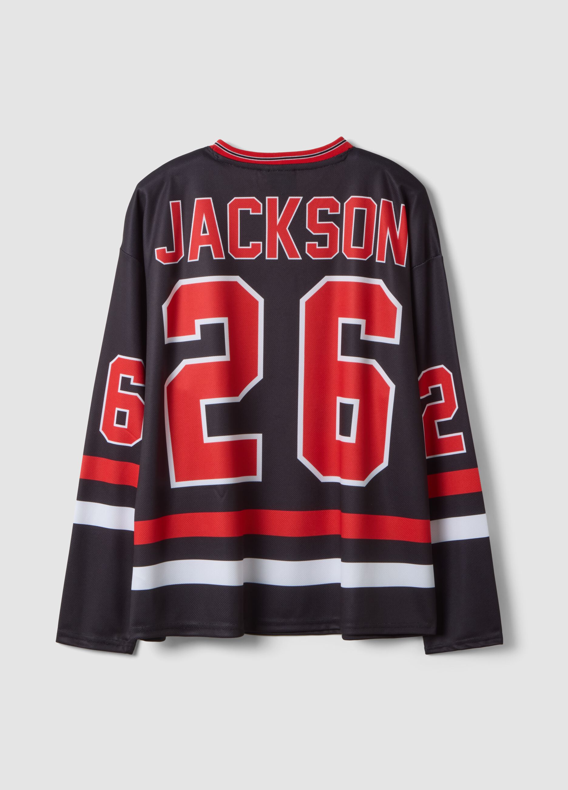 Black long-sleeve T-shirt with hockey print