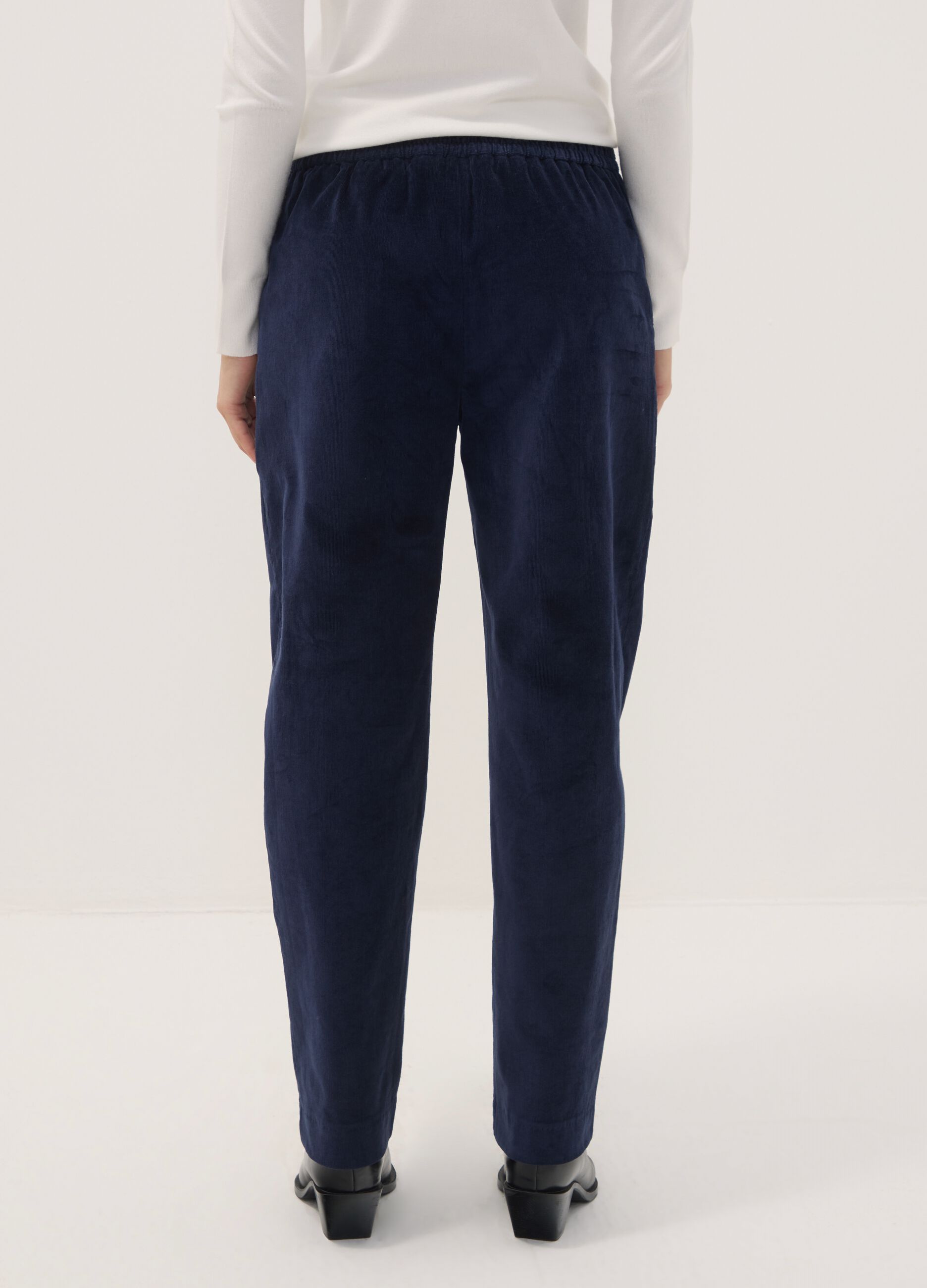 Pantaloni blu in cotone elasticizzato a coste con vita elasticizzata