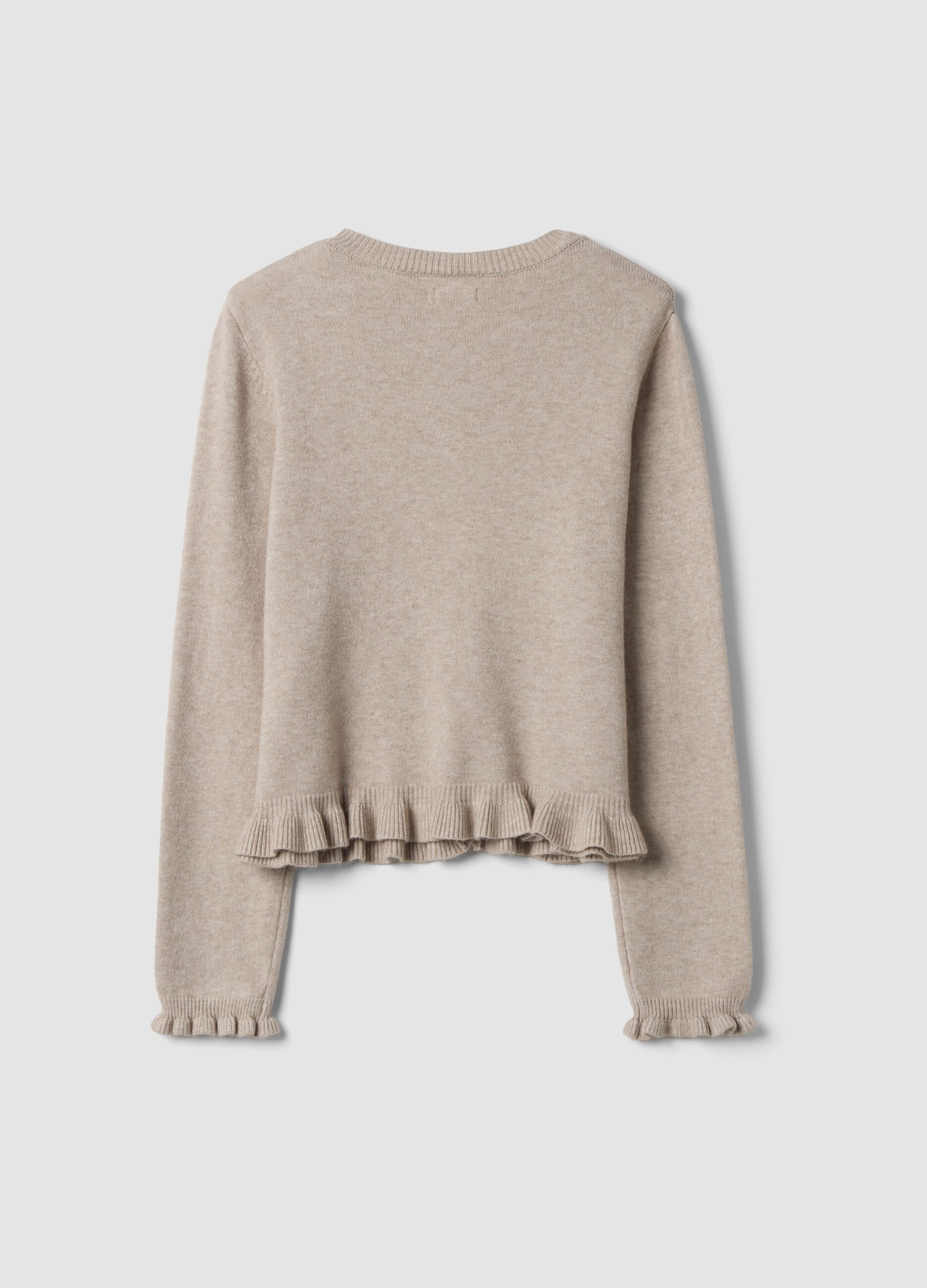 Beige viscose-blend cardigan with ruffles, regular fit