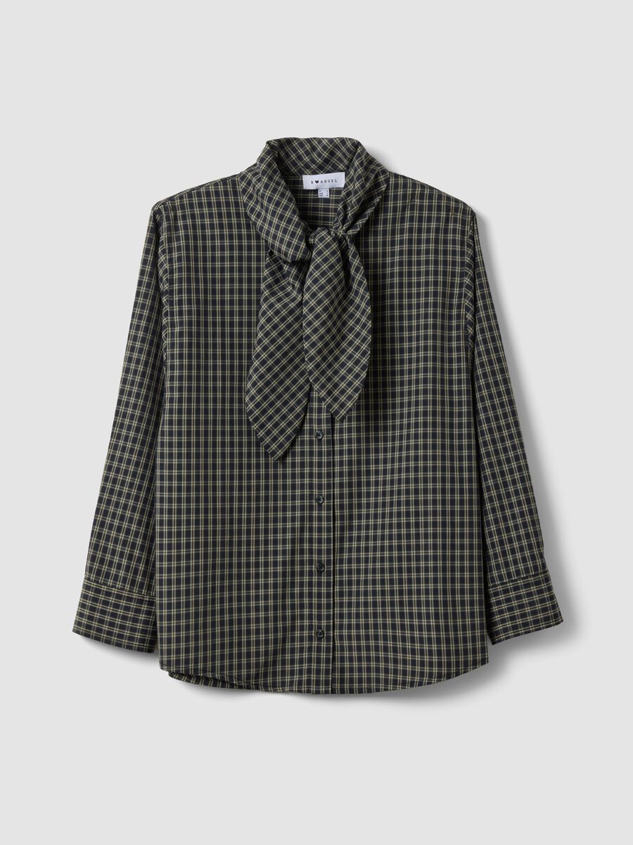 Oversized black cotton-blend checked shirt with neck bow_0