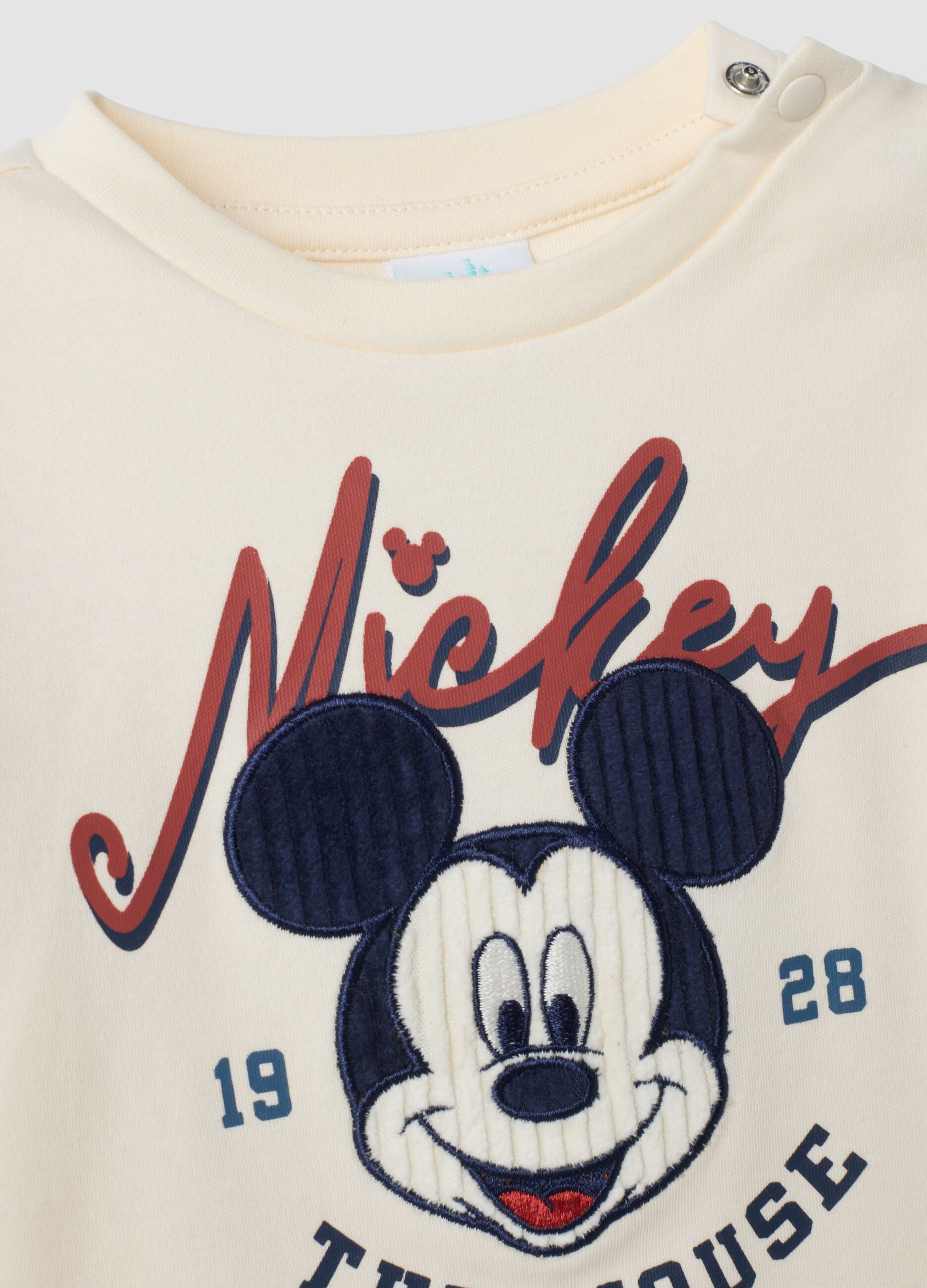 T-shirt beige girocollo in puro cotone organico con stampa Mickey