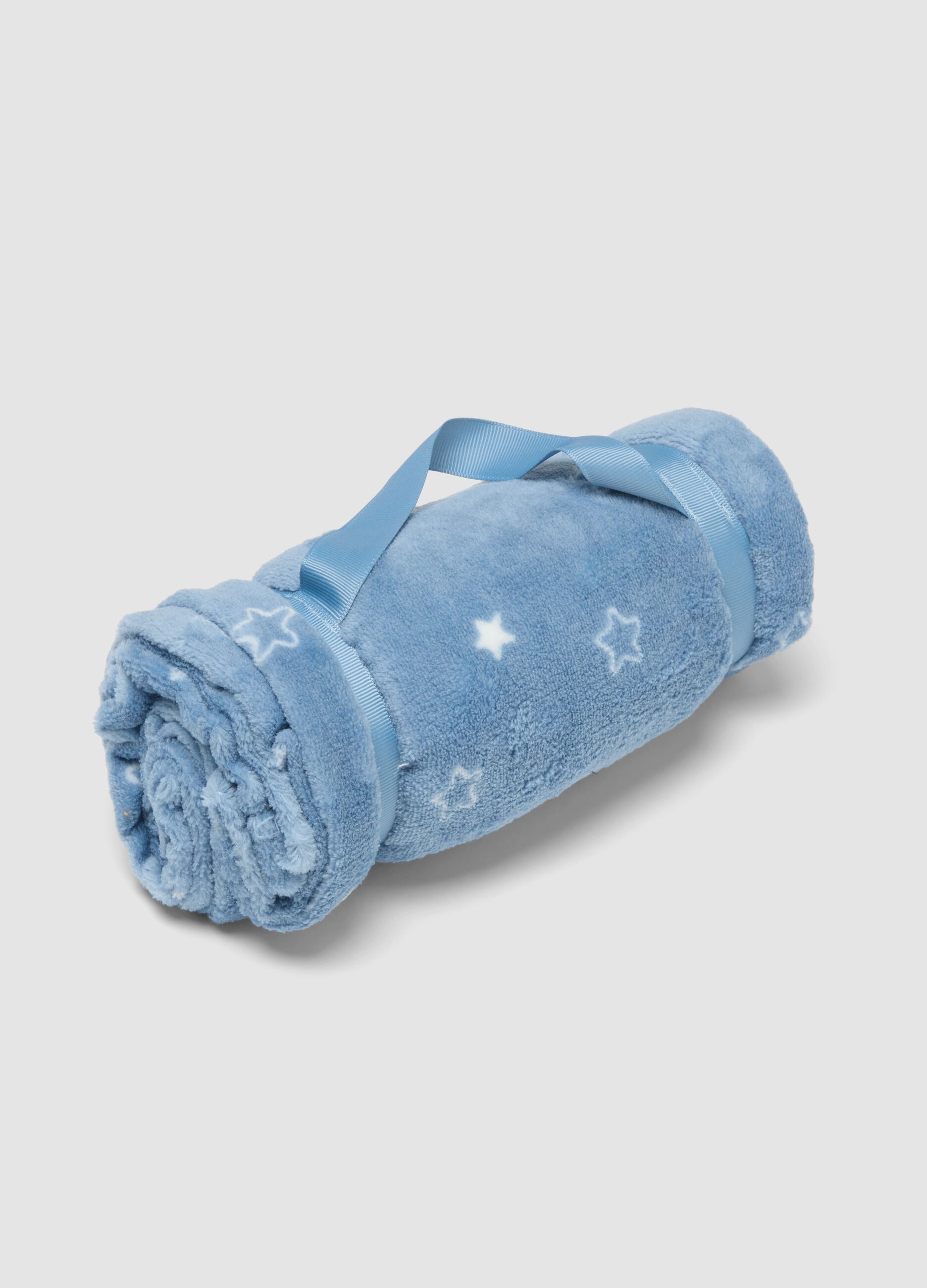 Copertina azzurra con stampa stelle per culla effetto pelliccia