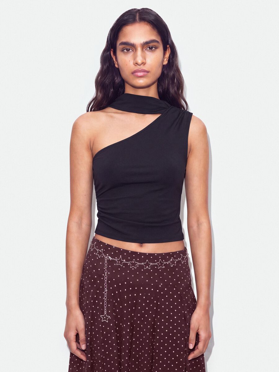 Black stretch top with asymmetric neckline and draped band_0