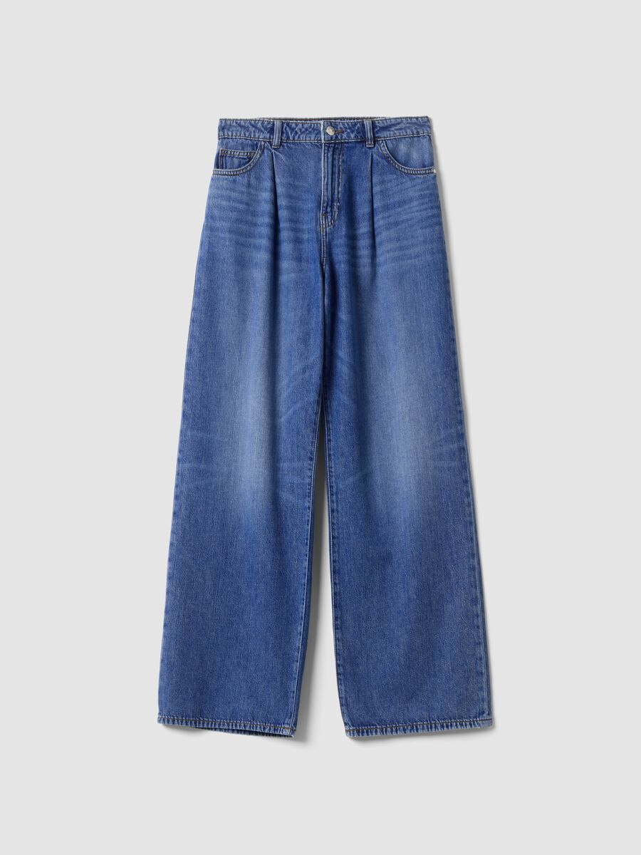 High-waisted wide-leg blue jeans in pure cotton_5