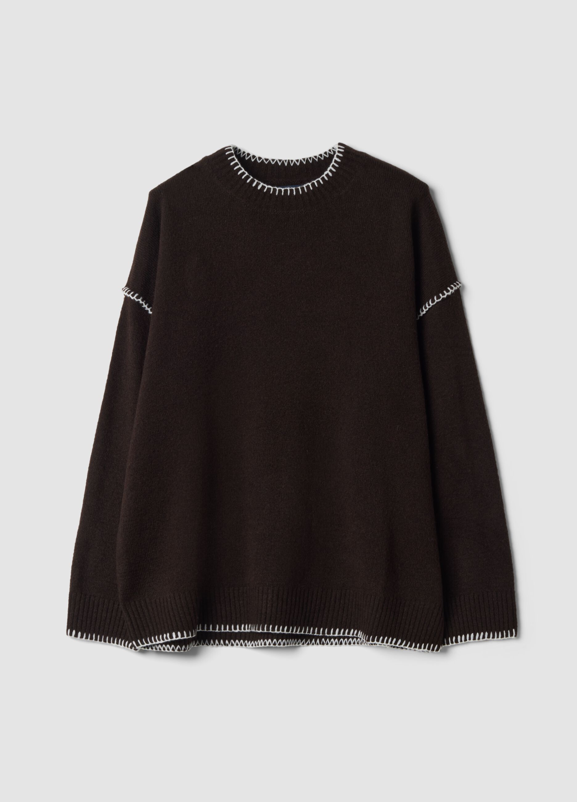 Brown stretch wool jumper with exposed seams, oversized fit