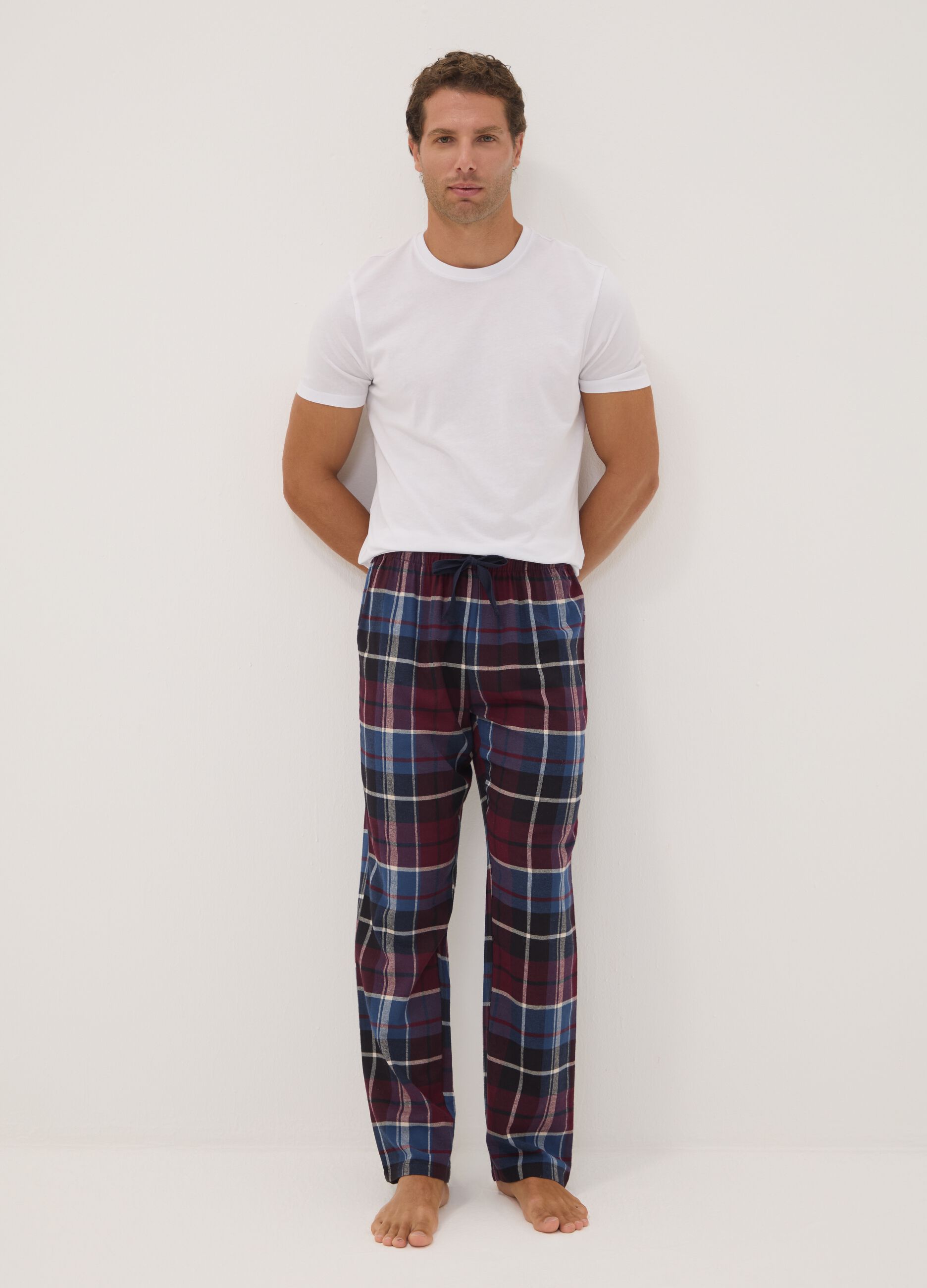 Pantaloni pigiama rossi e blu in flanella di puro cotone organico a quadri