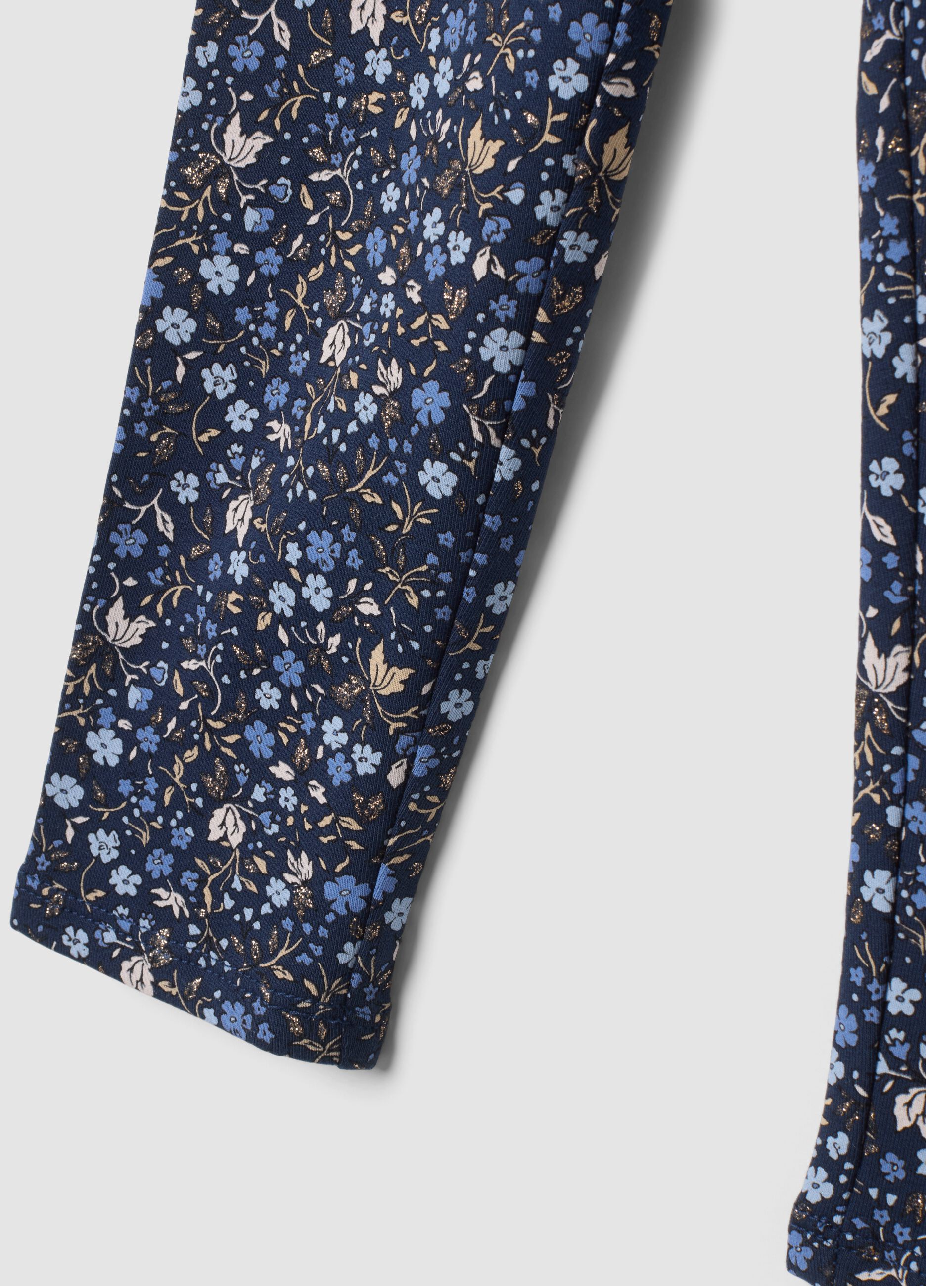 Leggings blu skinny in cotone organico elasticizzato con fantasia floreale