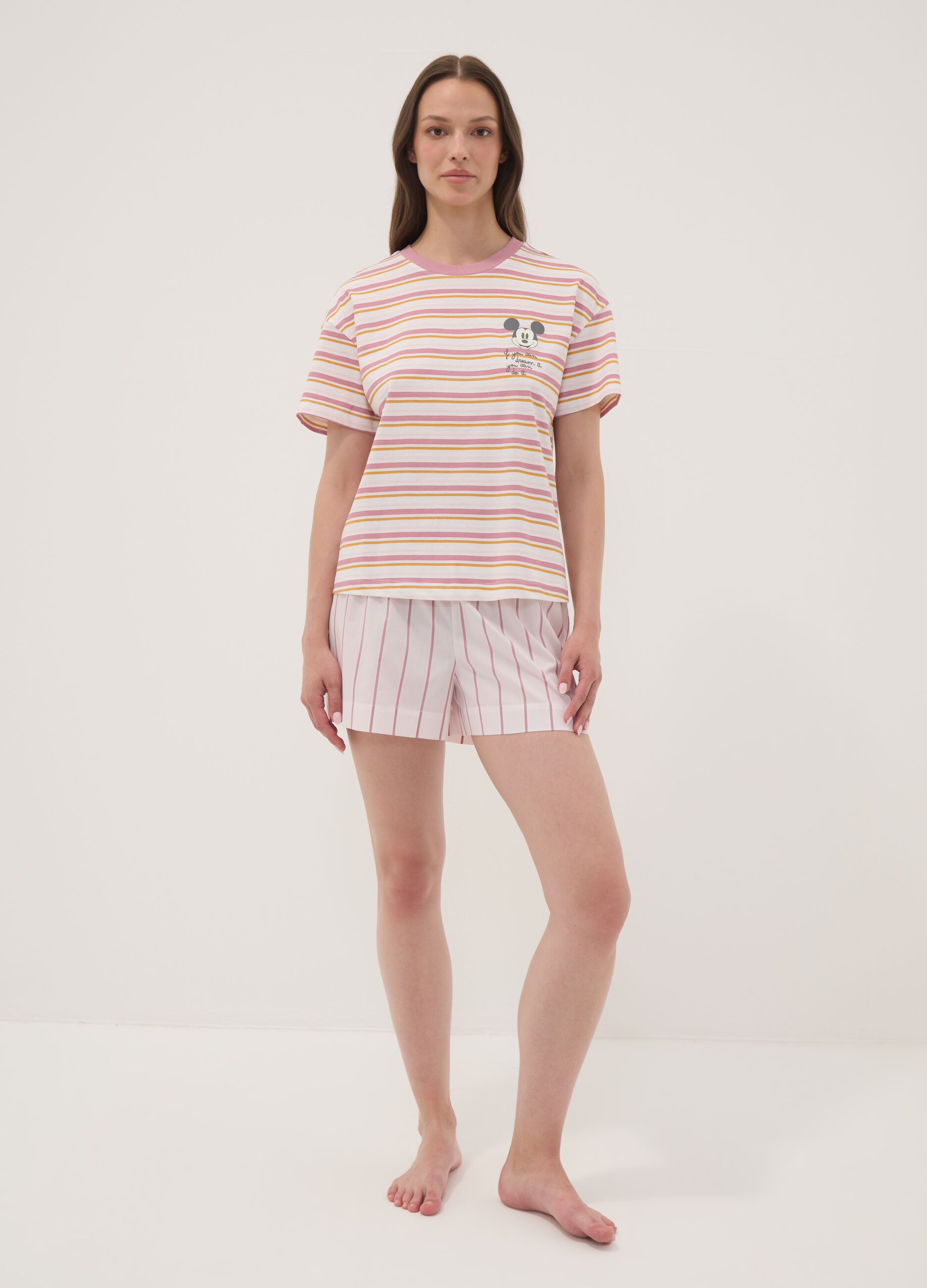 White striped organic cotton pyjama T-shirt with Mickey Mouse print