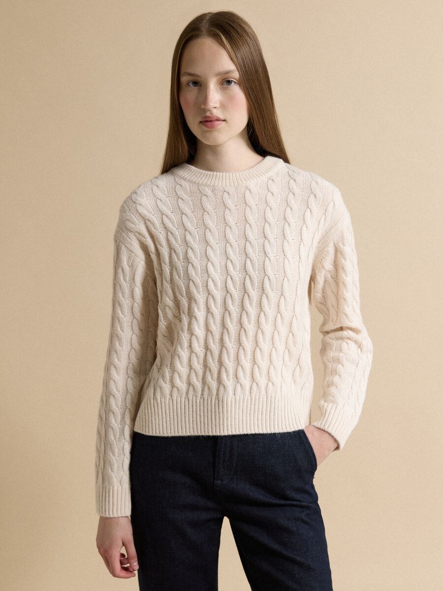 Beige wool-blend cable-knit crew-neck jumper in an oversized fit_0