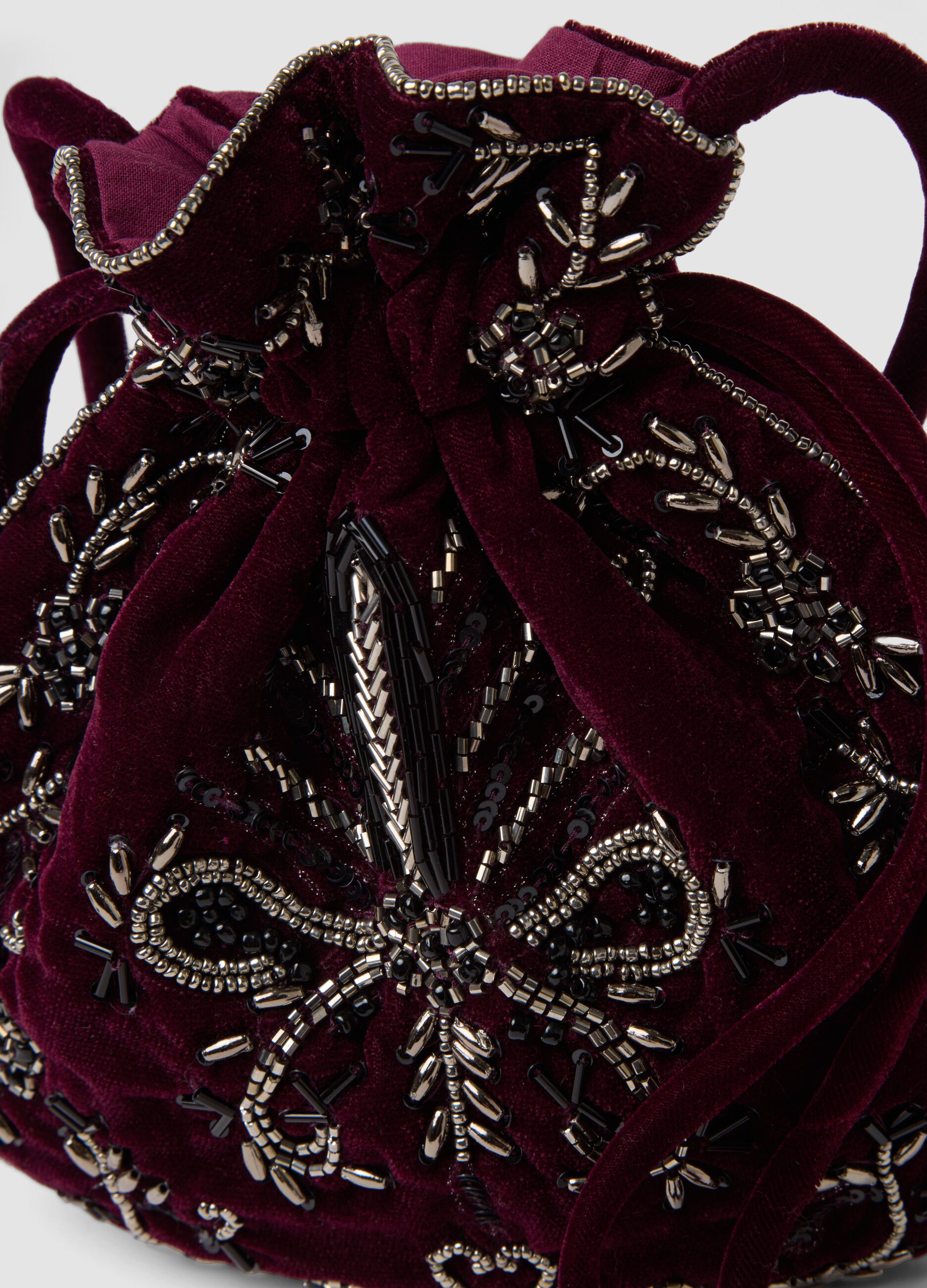Red bucket bag with beaded embroidery