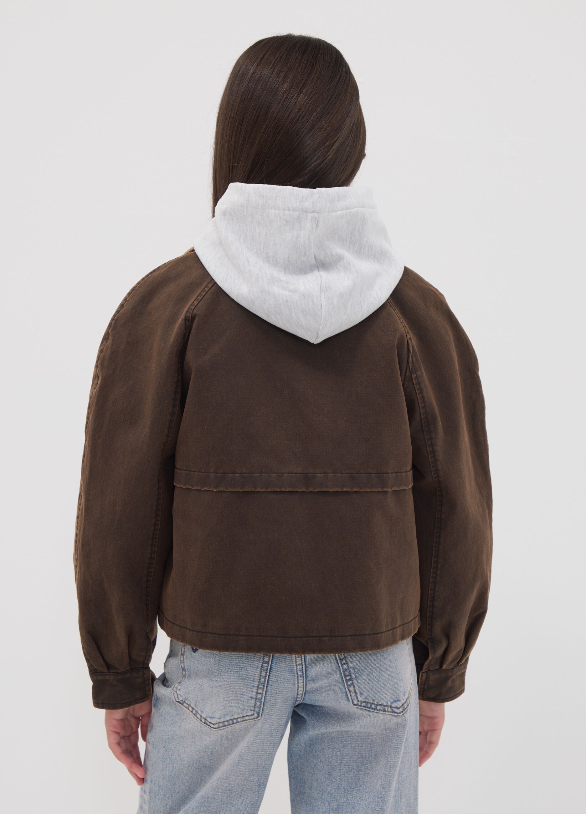 Brown cotton-blend jacket with contrast collar for girls