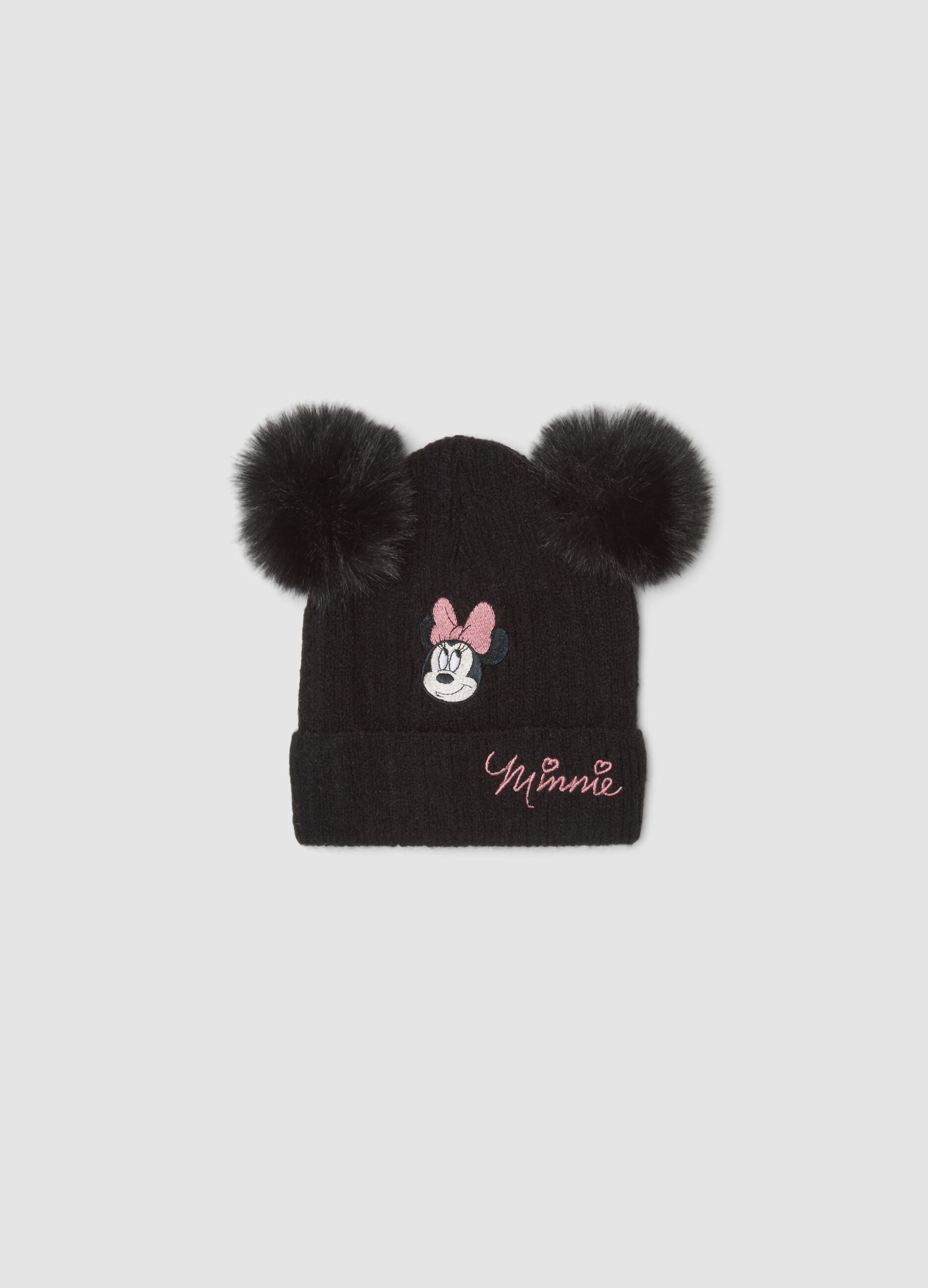 Cappello nero con pompon e ricamo Minnie