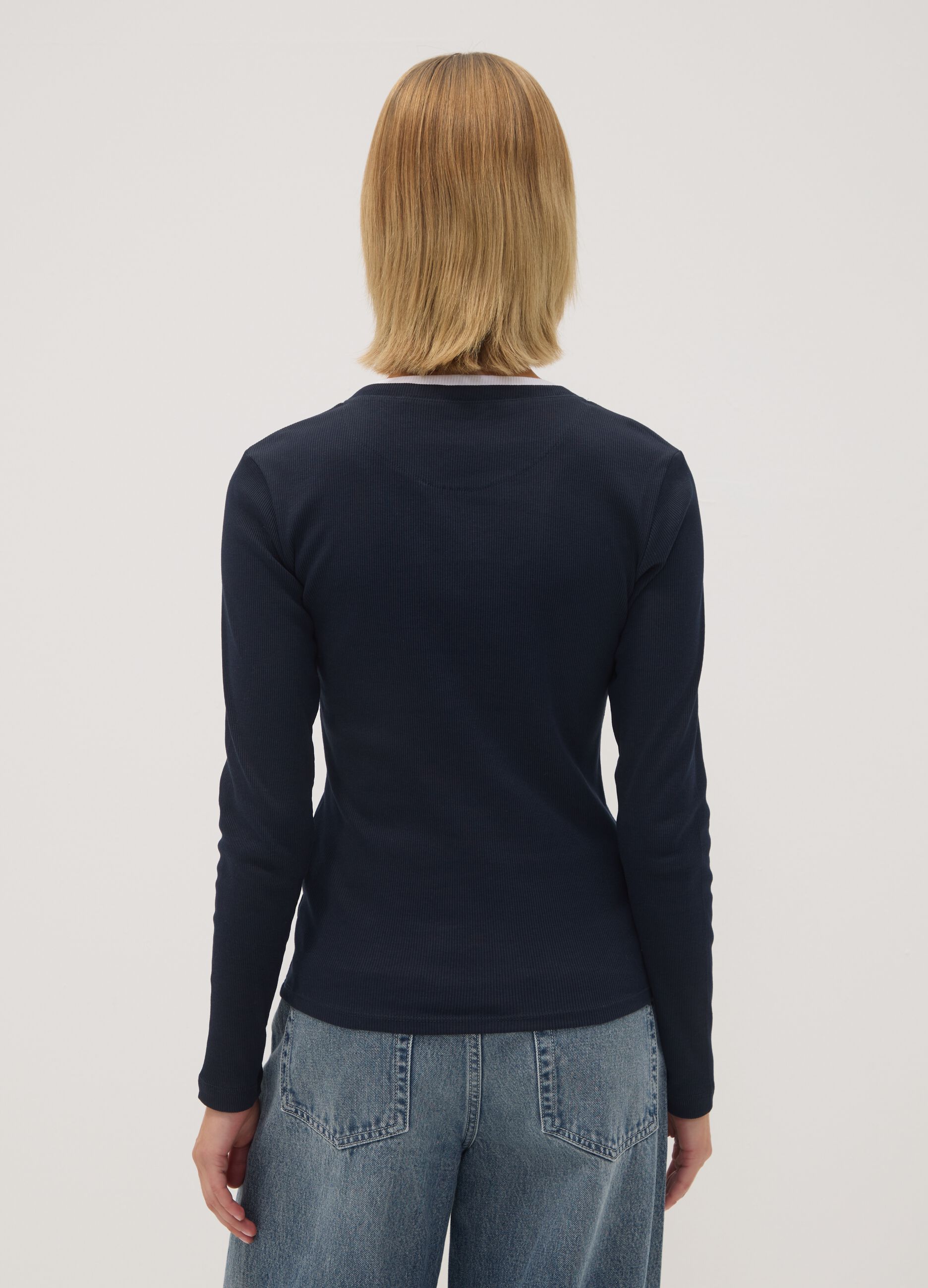 Blue long-sleeved pure cotton crew-neck T-shirt