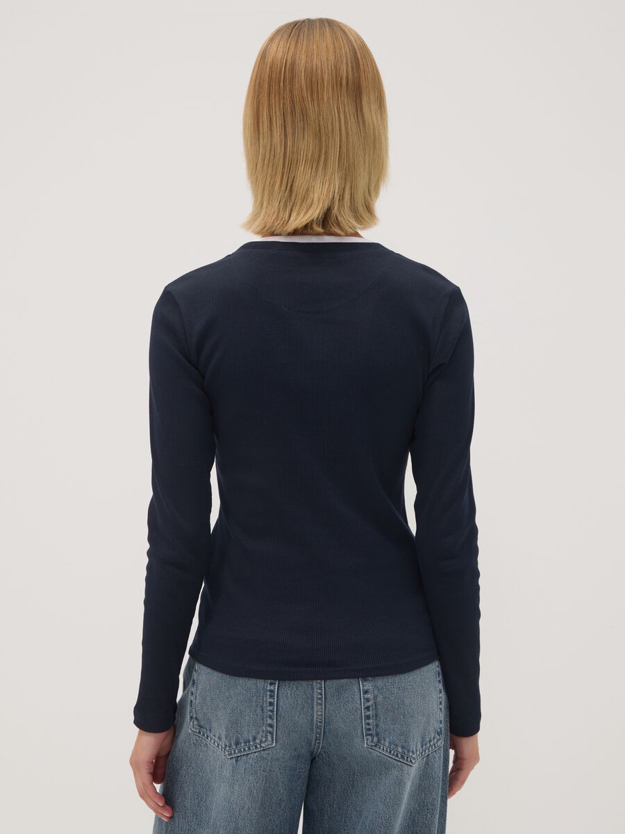 Blue long-sleeved pure cotton crew-neck T-shirt_3