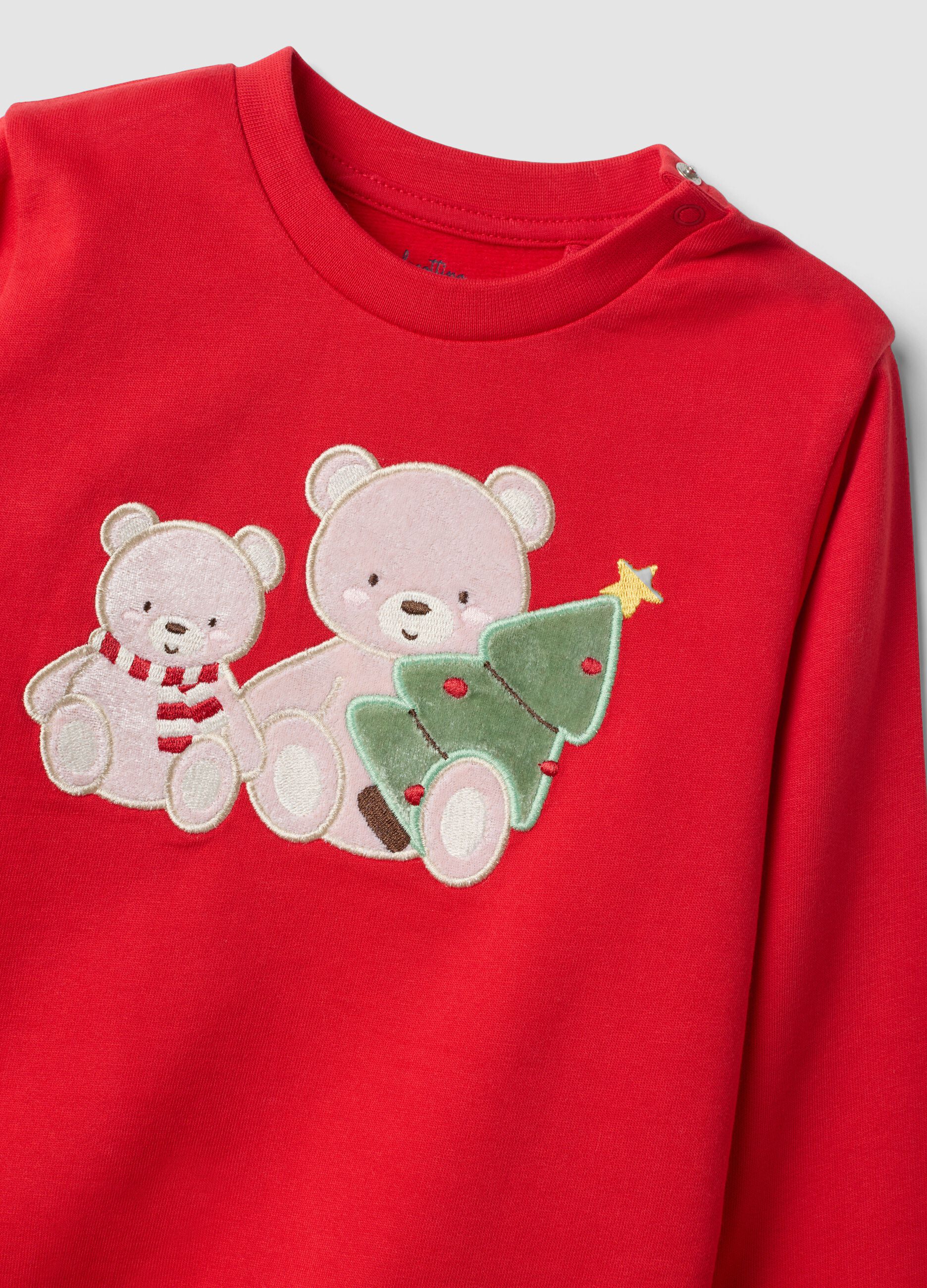 Red crew-neck Christmas pure cotton fleece pyjamas