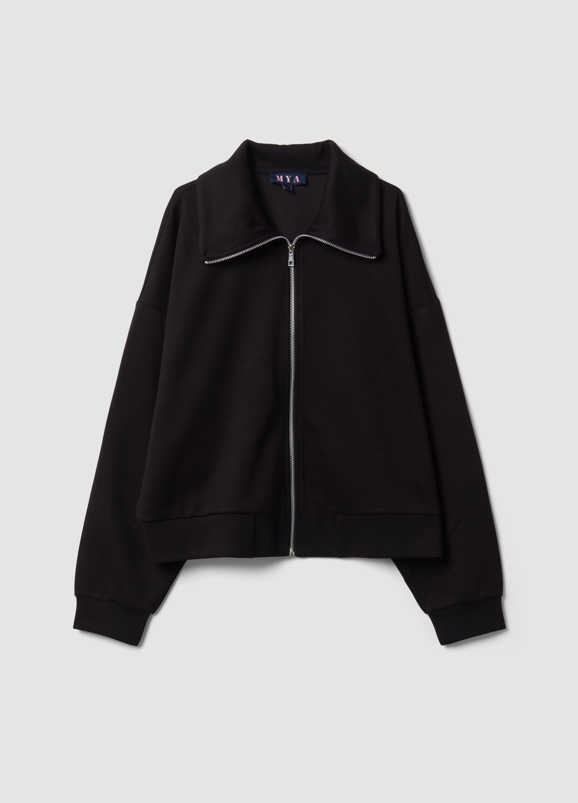 Felpa full zip nera in viscosa elasticizzata con colletto