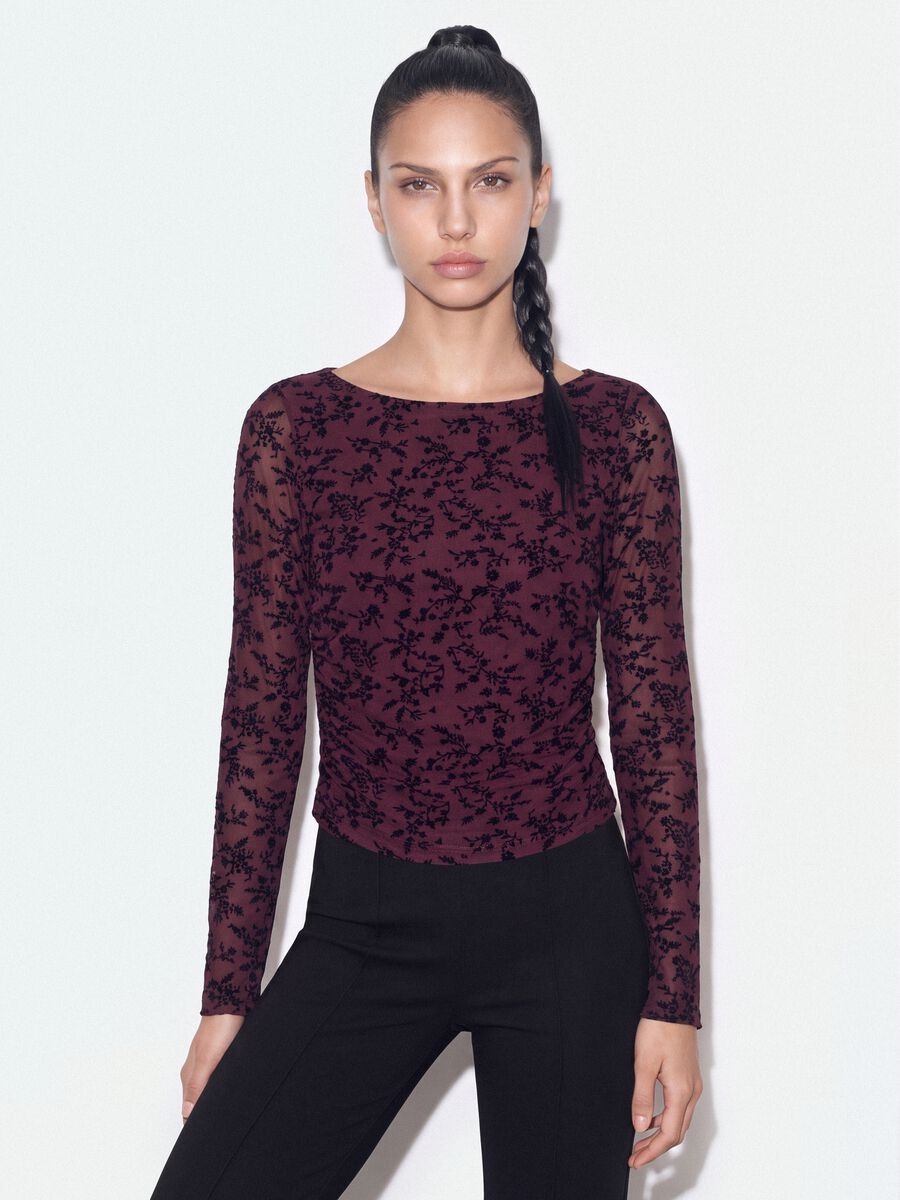 Purple stretch T-shirt with flocked floral motif_0