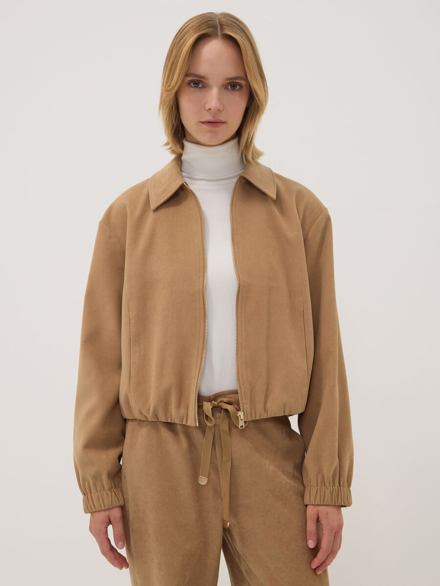 Beige stretch-fabric over-fit blazer with zip fastening_0
