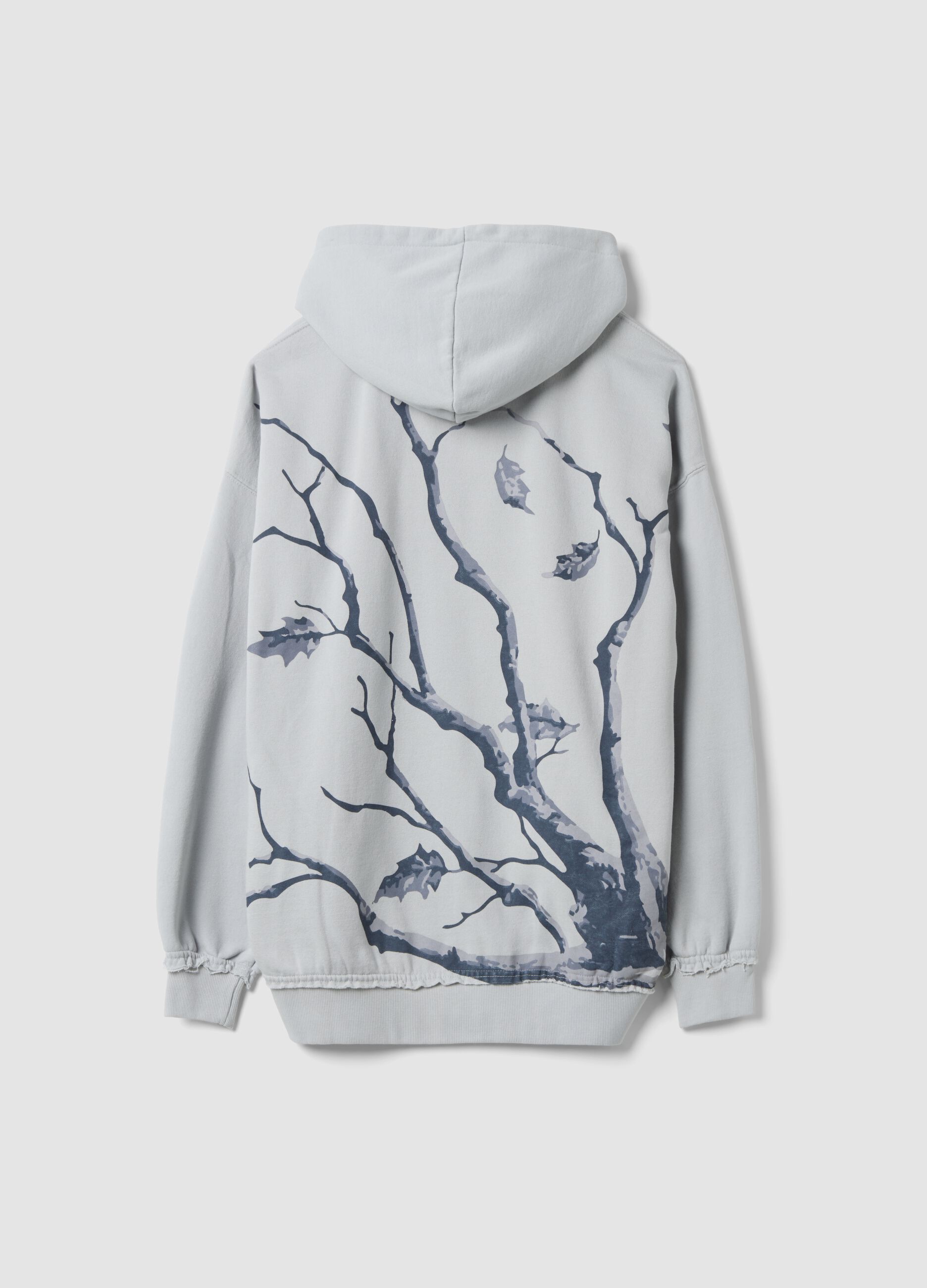 Grey cotton-blend hoodie with zip and botanical branch print