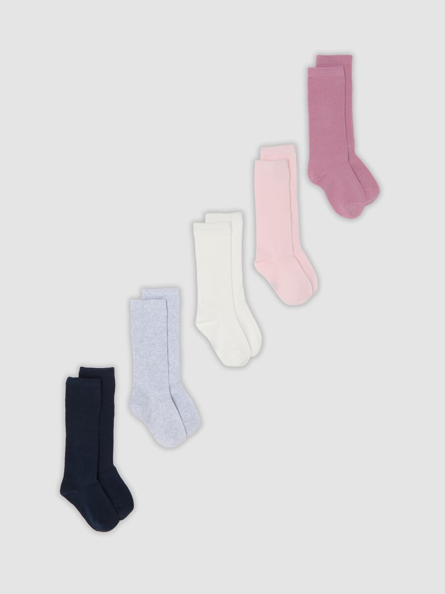 Pack of five long socks in pink, light pink, white, light grey marl and navy blue, in stretch organic cotton_0