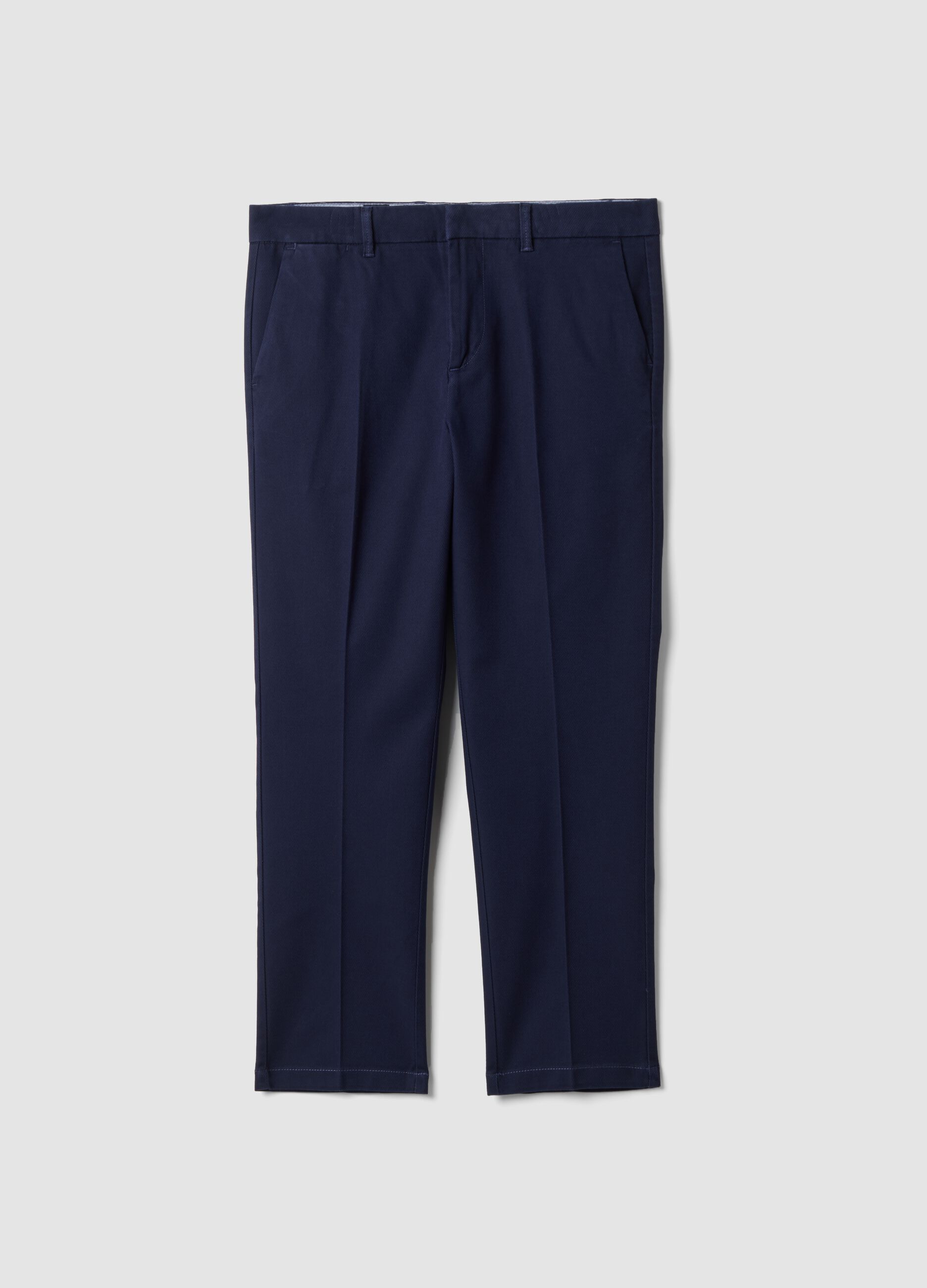 Blue stretch cotton twill chino trousers, regular tapered fit
