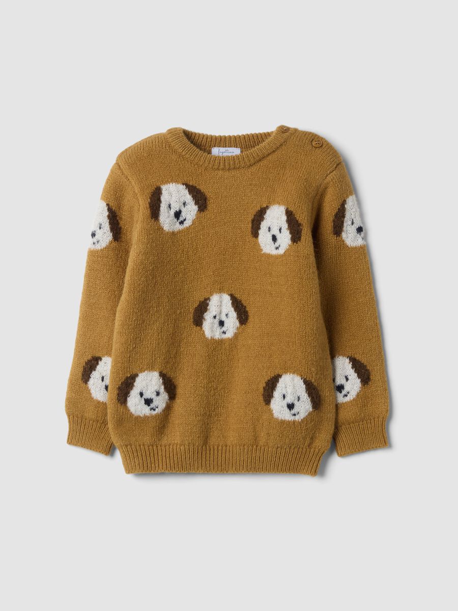 Brown jacquard crew-neck jumper with puppies_0