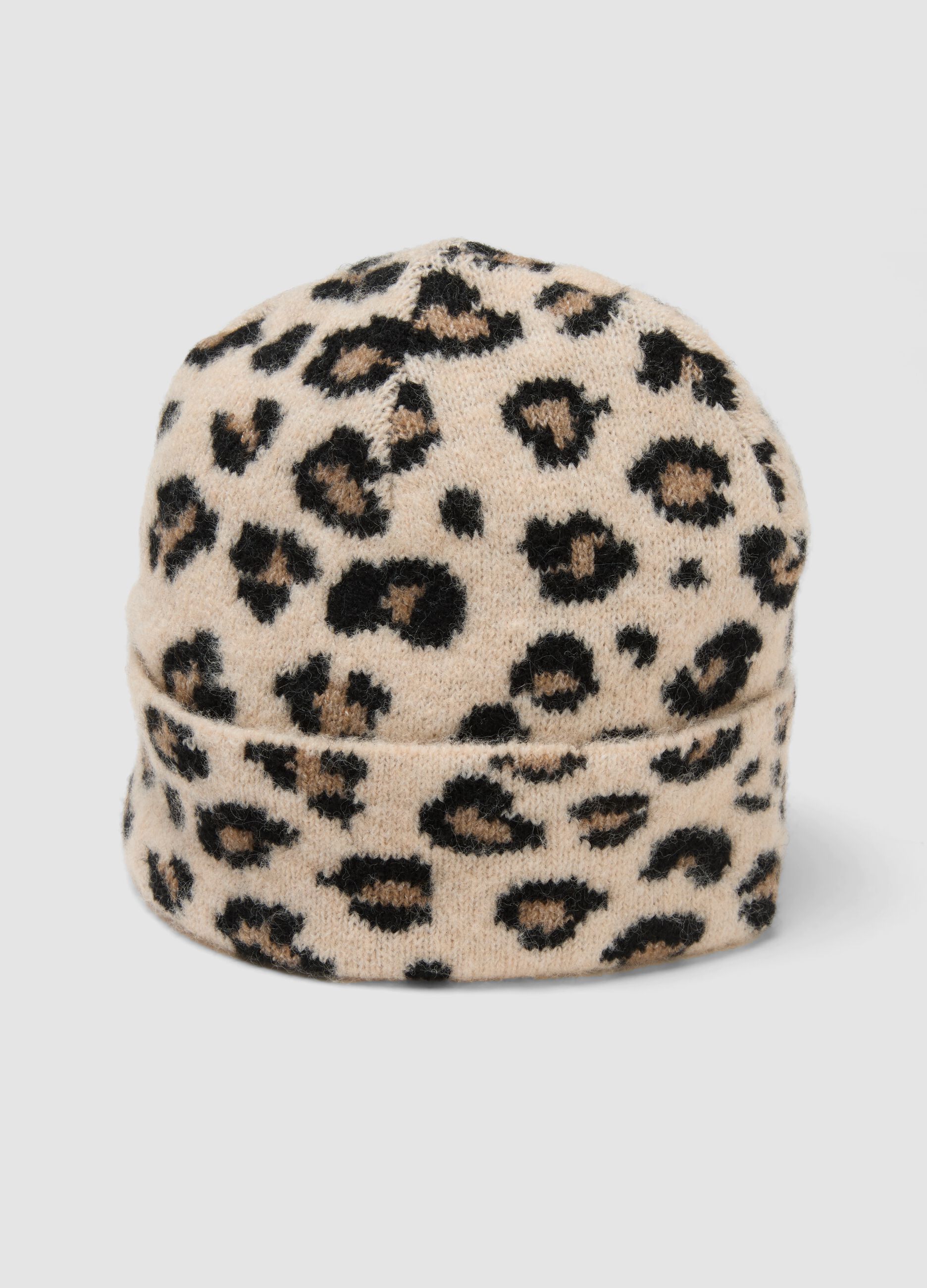 Cappello beige in lana elasticizzato con fantasia animalier