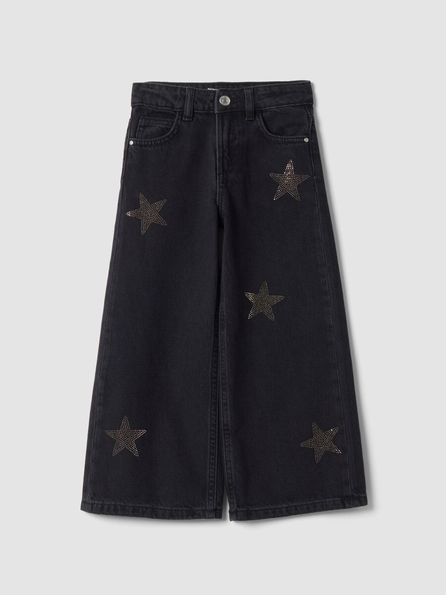 Jeans blu wide leg in puro cotone con stelle_5