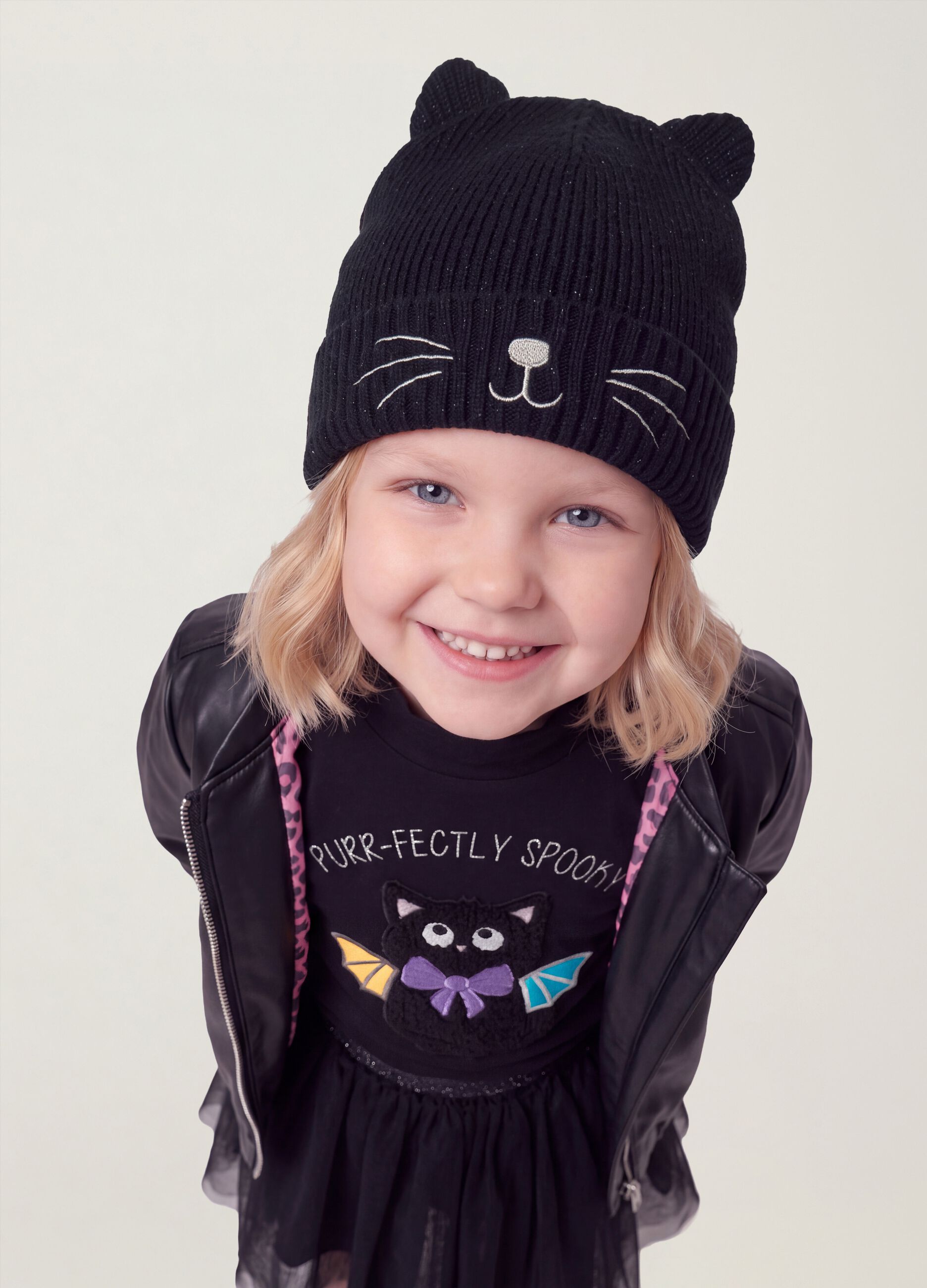 Black stretch fabric beanie with ears