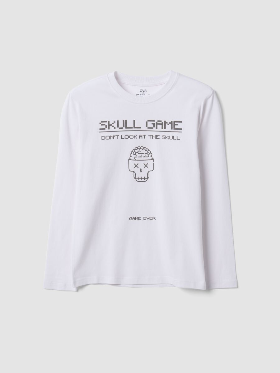 White pure organic cotton crew-neck T-shirt with skull print for boys_3