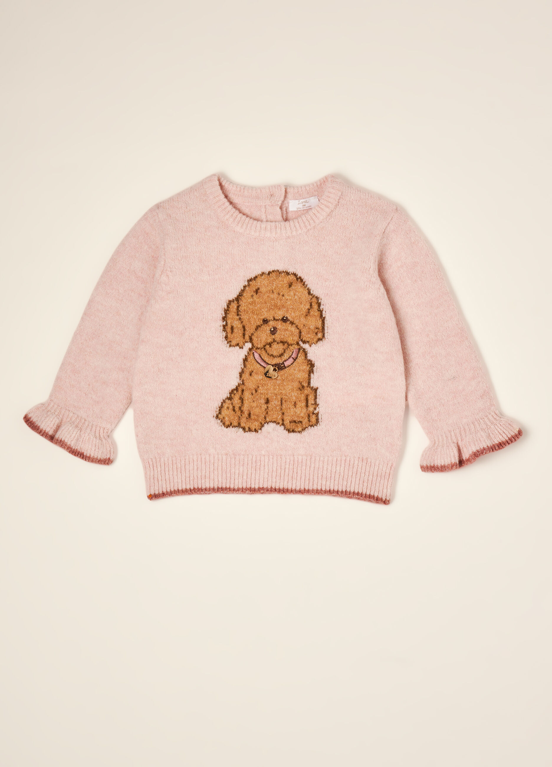 Pink stretch wool jumper with puppy print