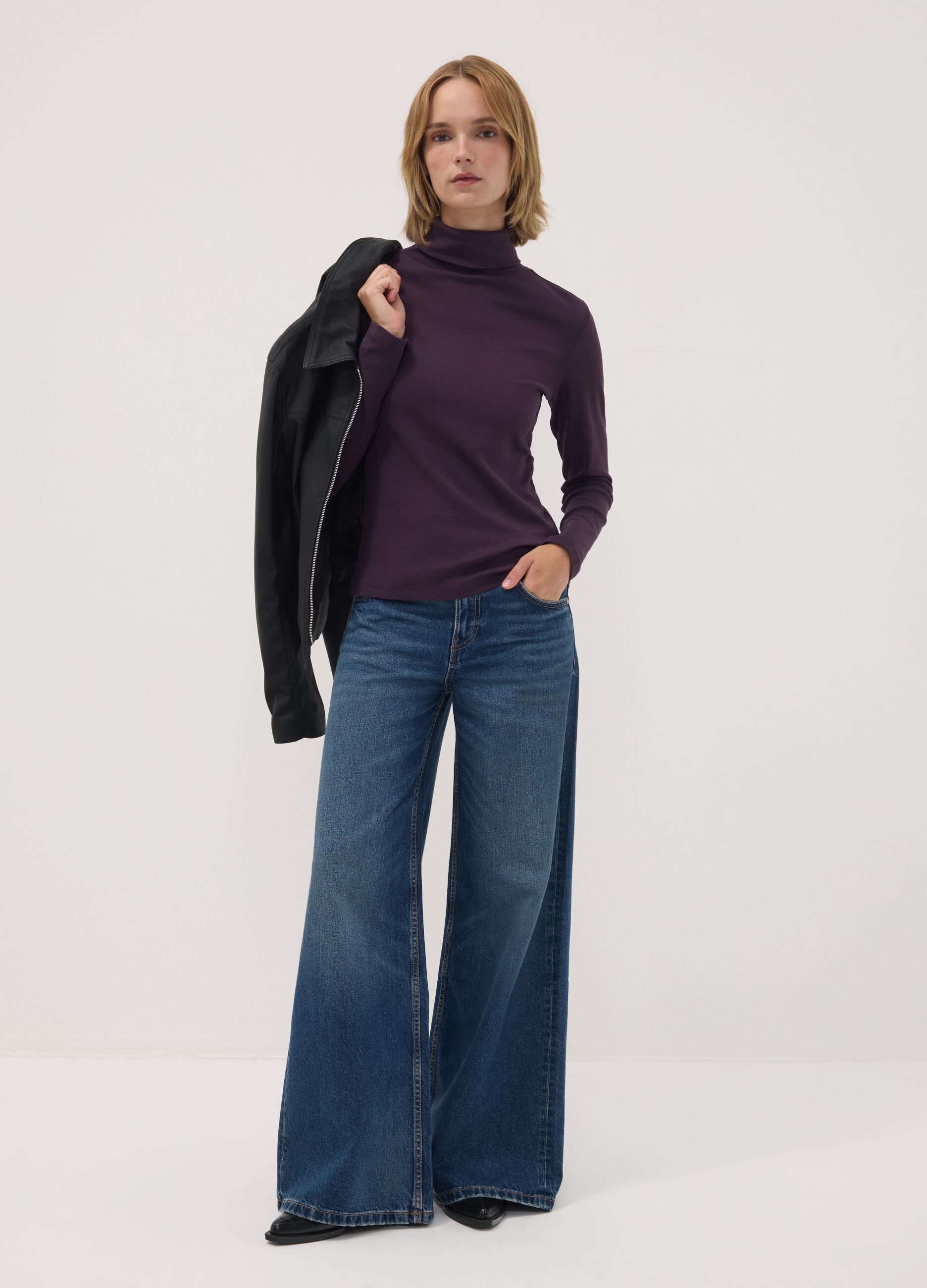 Purple pure cotton long-sleeve crew-neck top