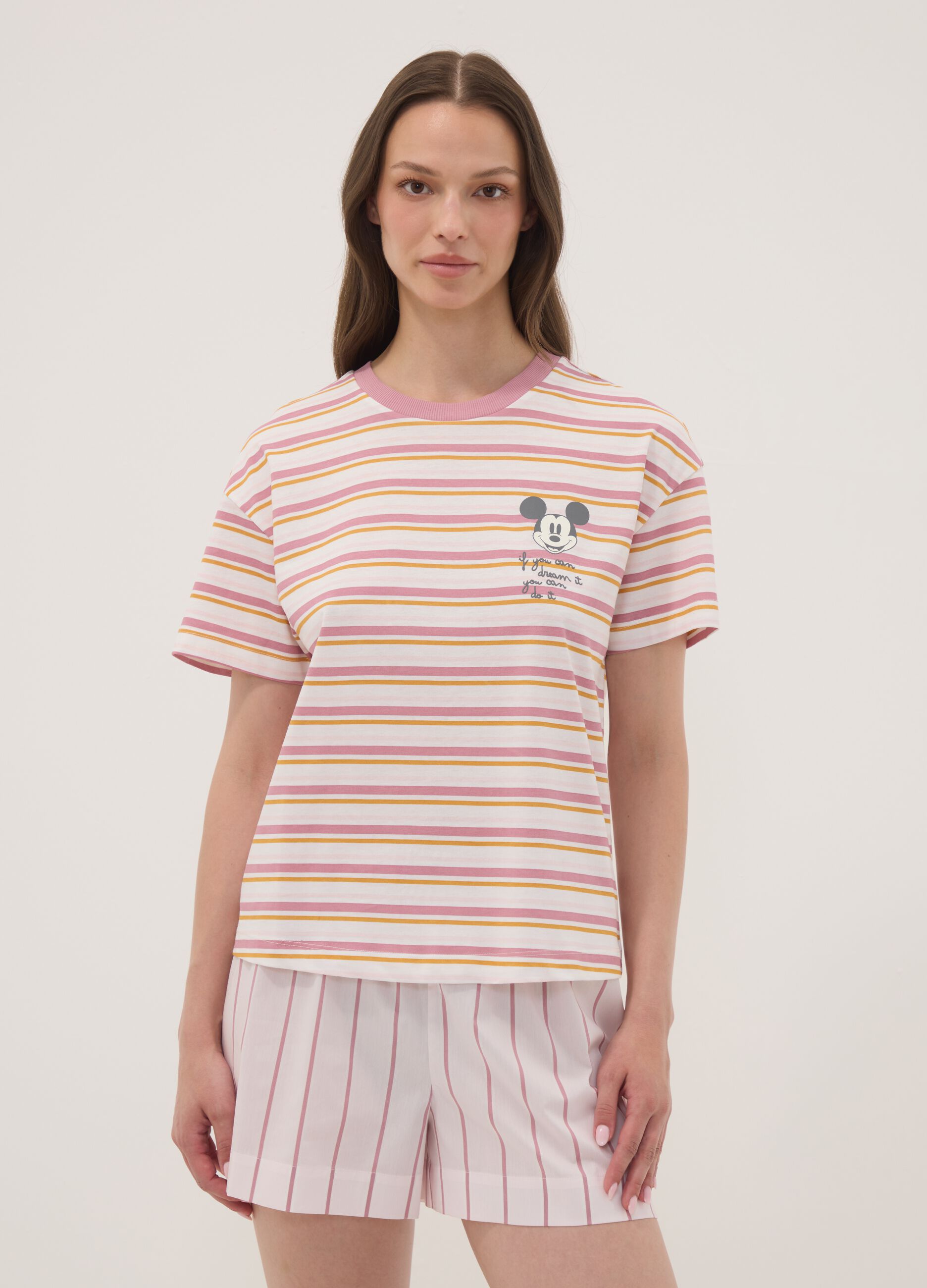White striped organic cotton pyjama T-shirt with Mickey Mouse print