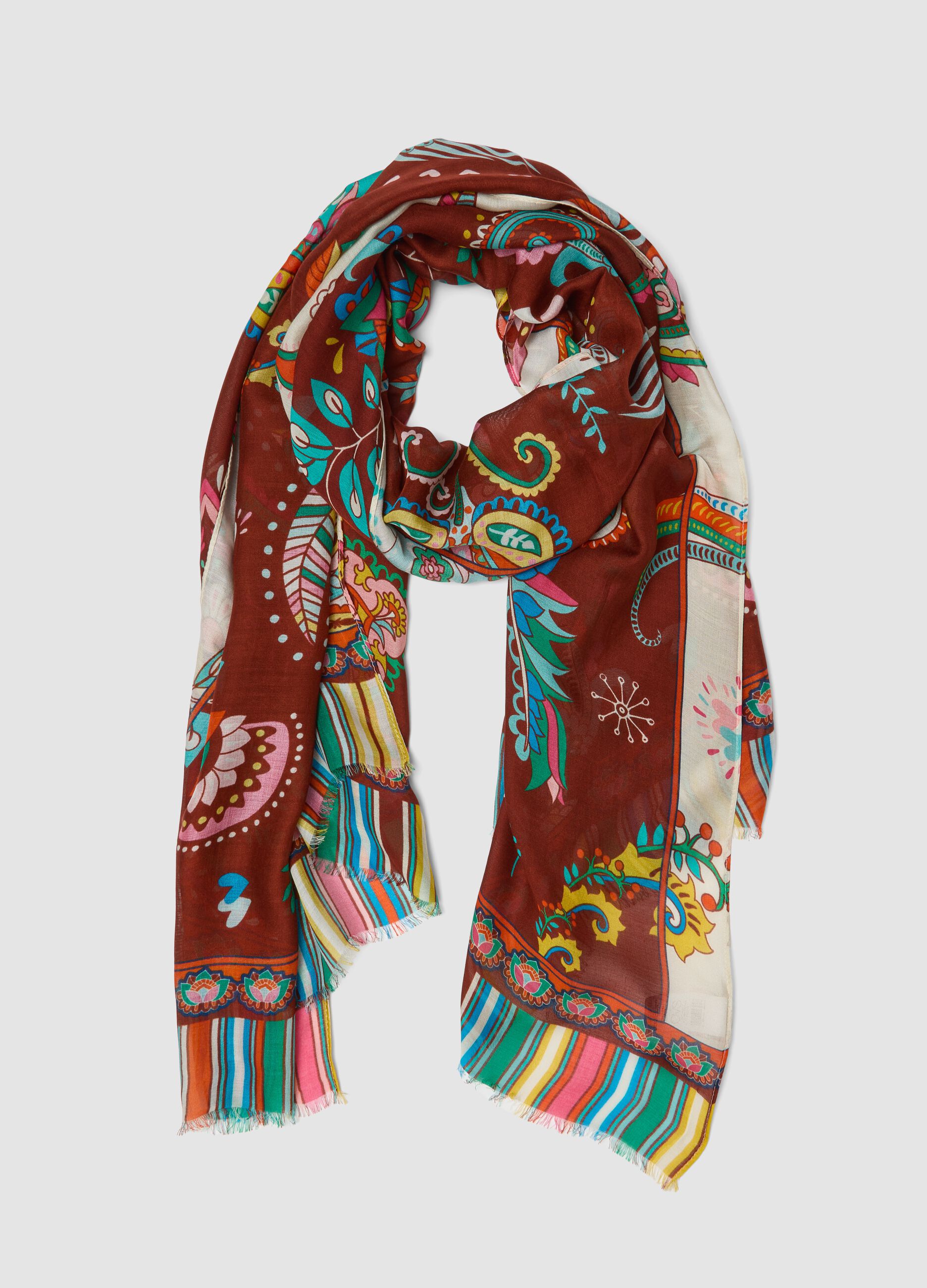 Brown pure viscose scarf with multicolour pattern