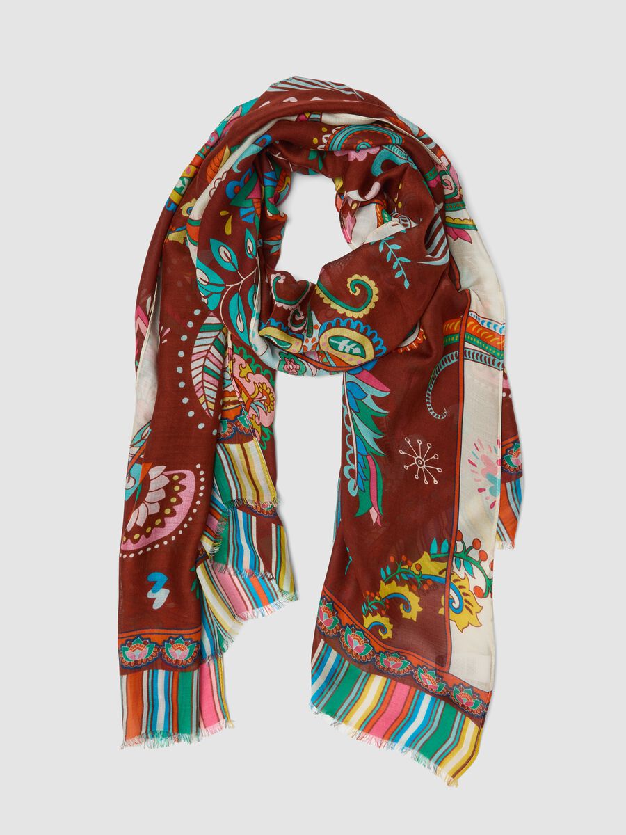 Brown pure viscose scarf with multicolour pattern_0